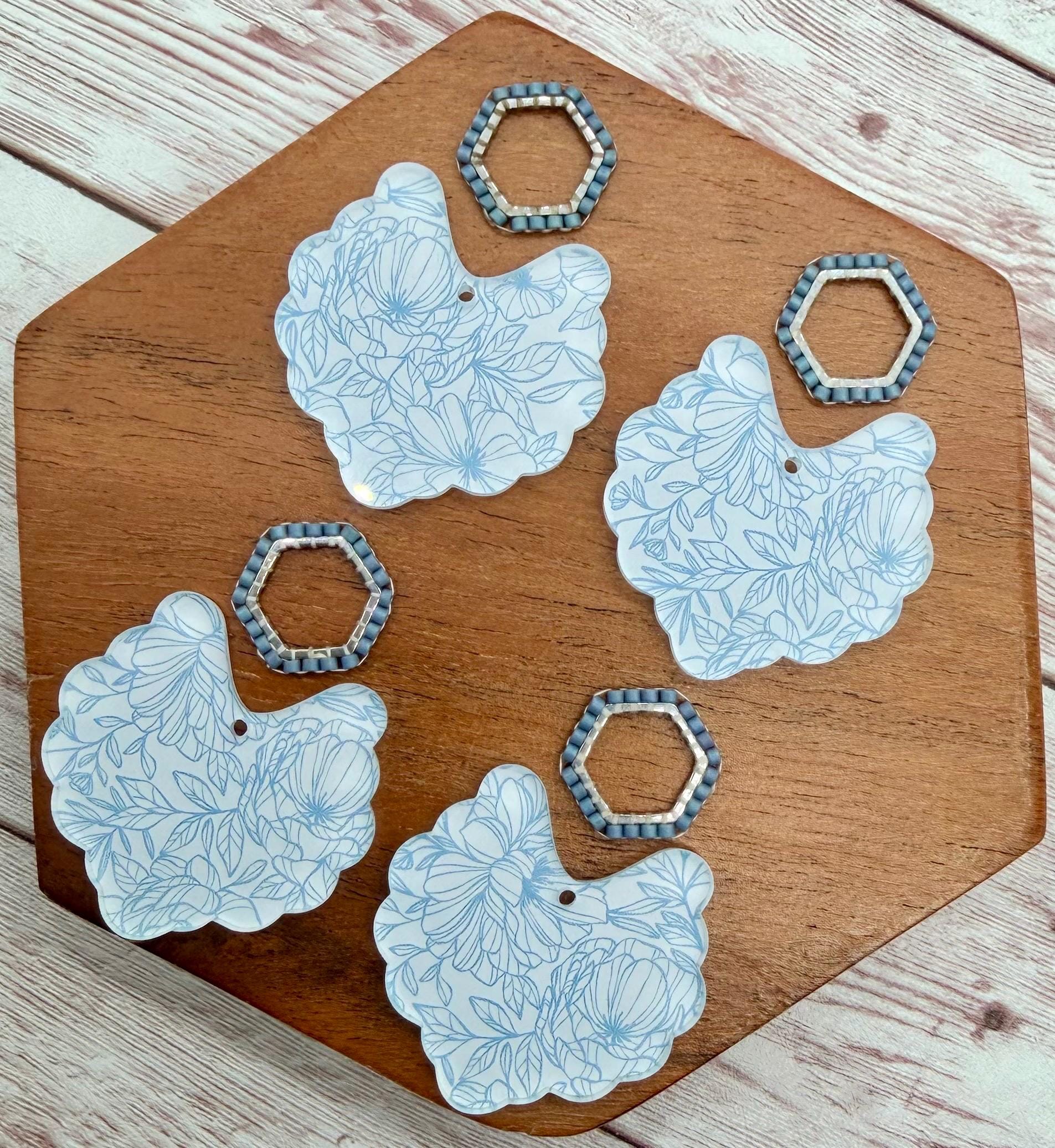 Blue and White Floral Print Acrylic and Japanese Seed Bead Connector Set Earring Blanks, DIY Jewelry Making