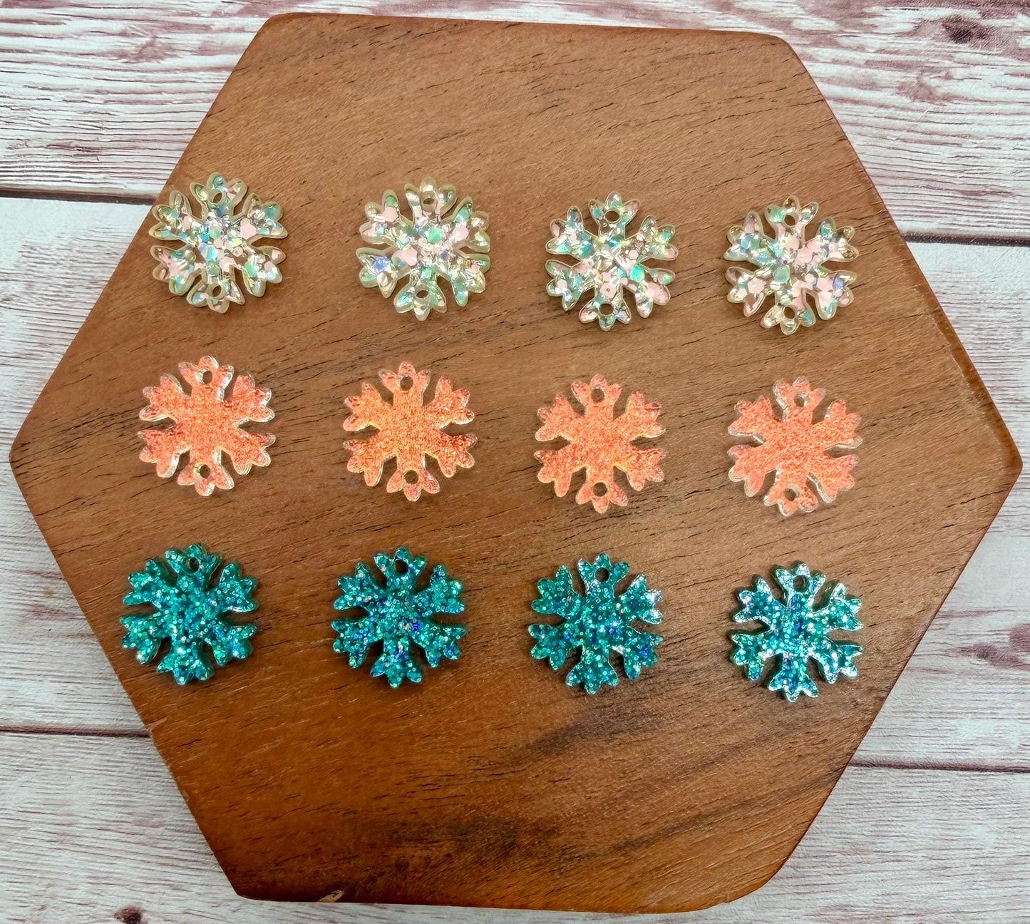 Multicolor Glitter, Matte Iridescent, and Teal Glitter Snowflake Trio Acrylic Earring Blanks, Winter, Christmas, DIY Jewelry Making