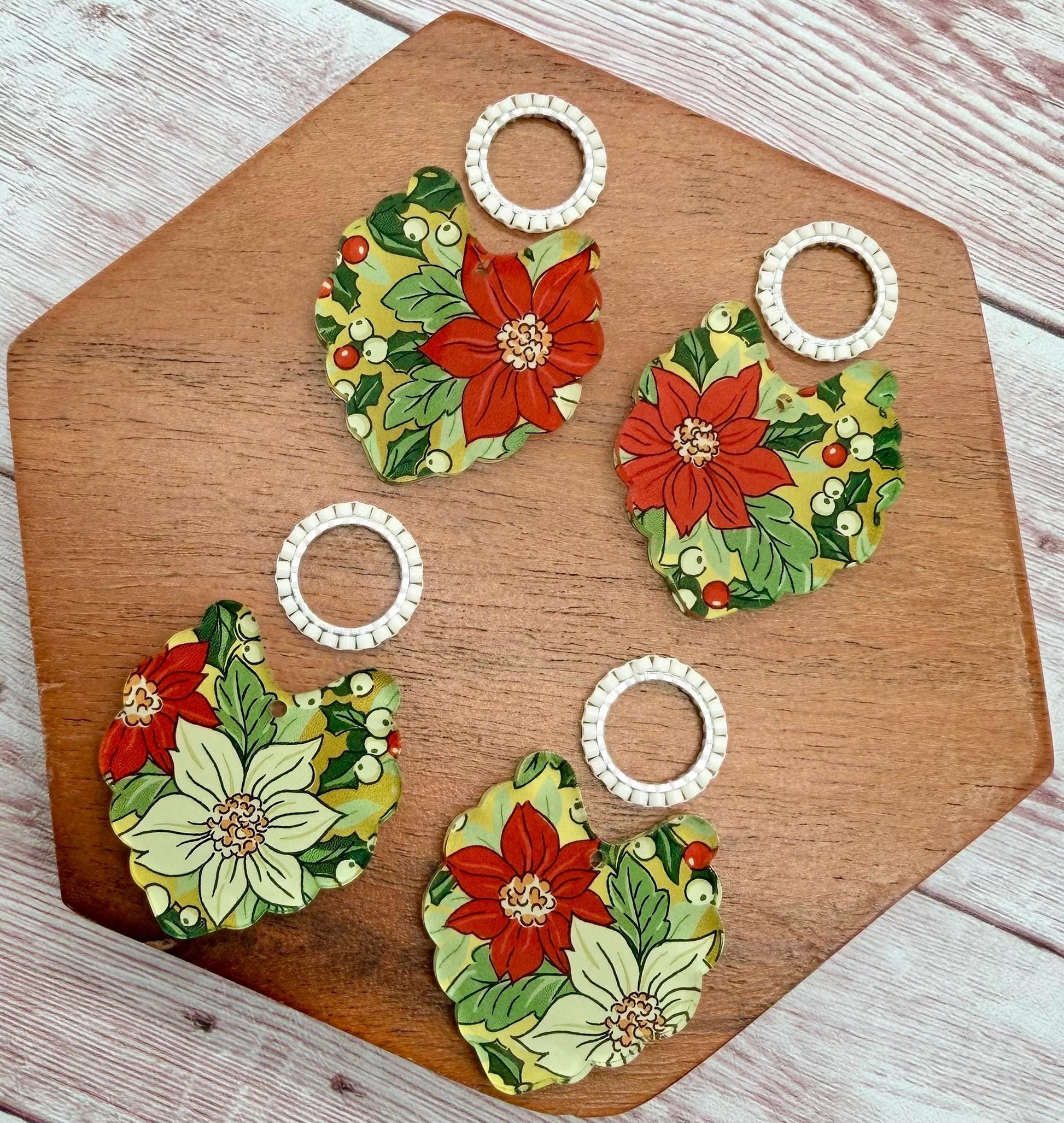 Vintage Poinsettia Winter Christmas Print Scalloped Acrylic and Japanese Seed Bead Connector Set Earring Blanks, DIY Jewelry Making