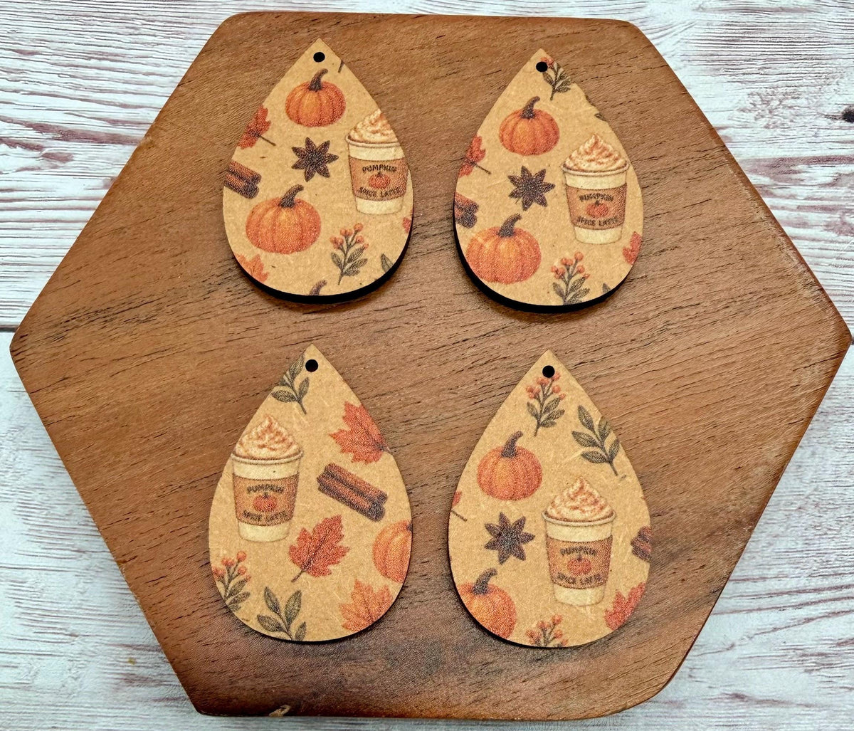 Fall Pumpkin Spice Print Wood Teardrop Earring Blanks, DIY Jewelry Making