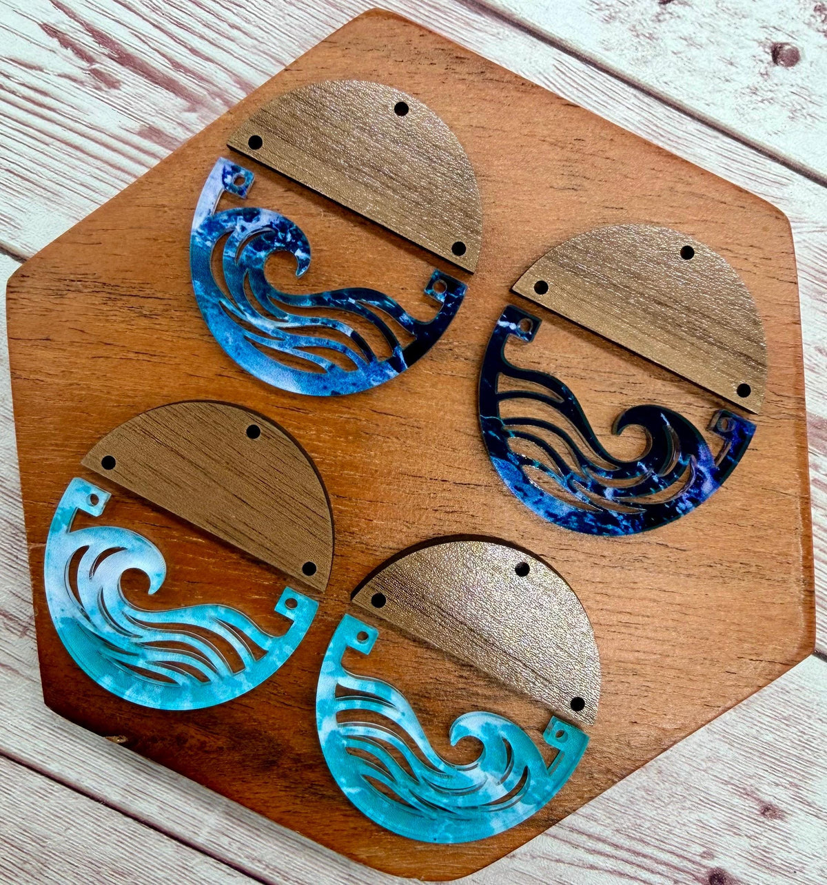 Patterned Wave Ocean Acrylic and Wood Round Earring Blanks, DIY Jewelry Making