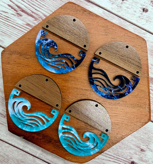 Patterned Wave Ocean Acrylic and Wood Round Earring Blanks, DIY Jewelry Making