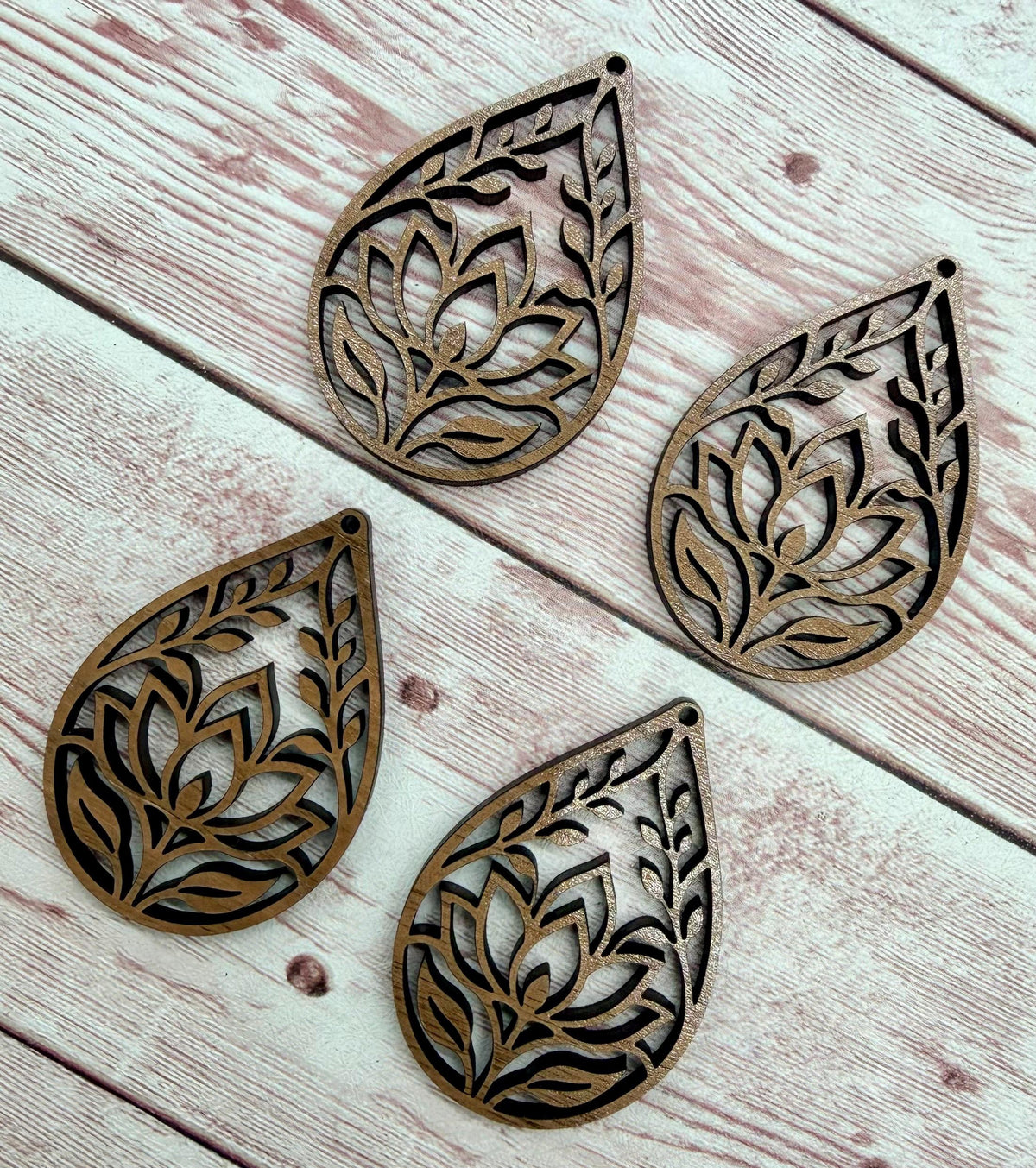 Intricate Lotus Teardrop Finished Walnut Wood Earring Blanks, DIY Jewelry Making