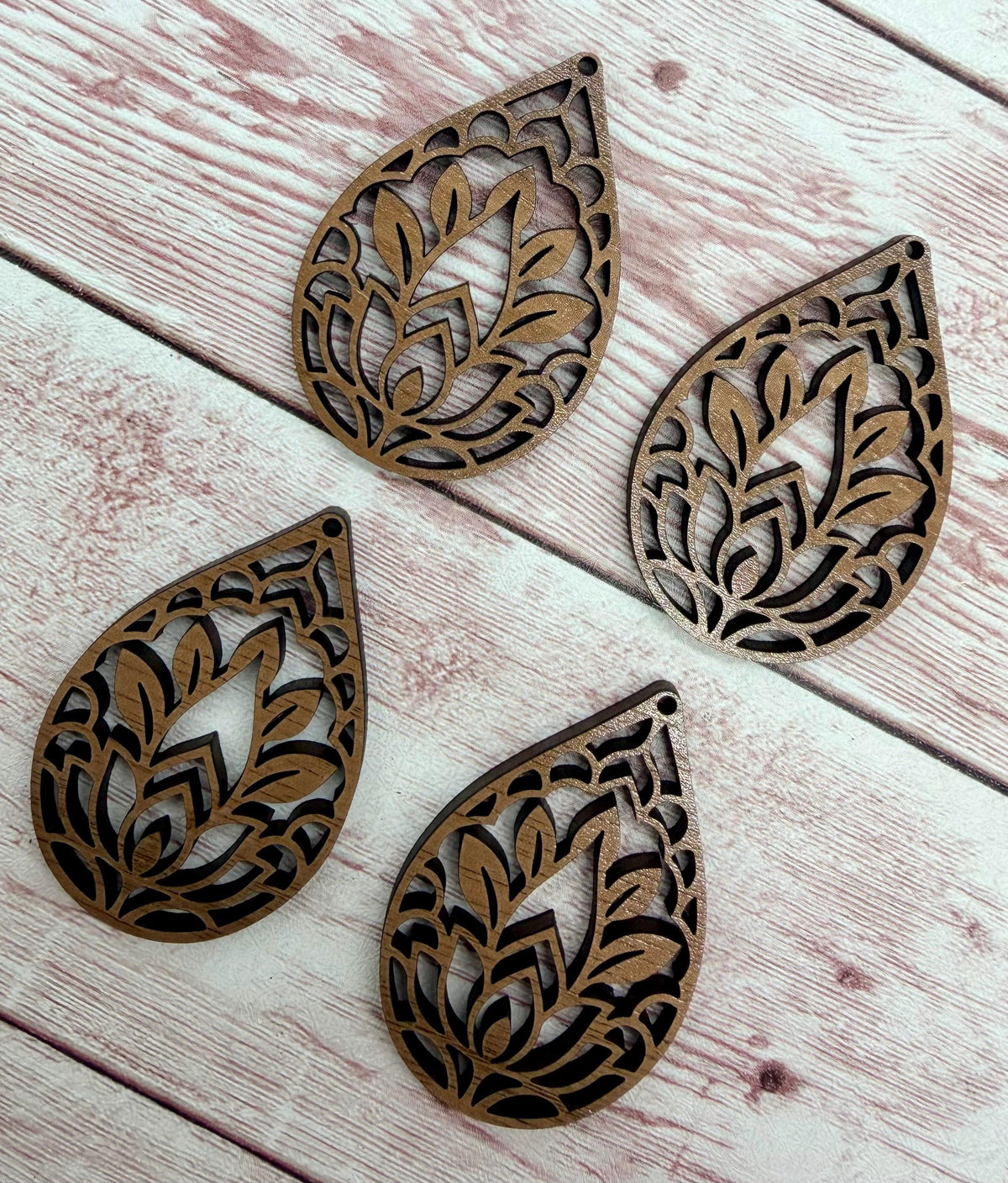 Intricate Flower Leaves Teardrop Finished Walnut Wood Earring Blanks, DIY Jewelry Making