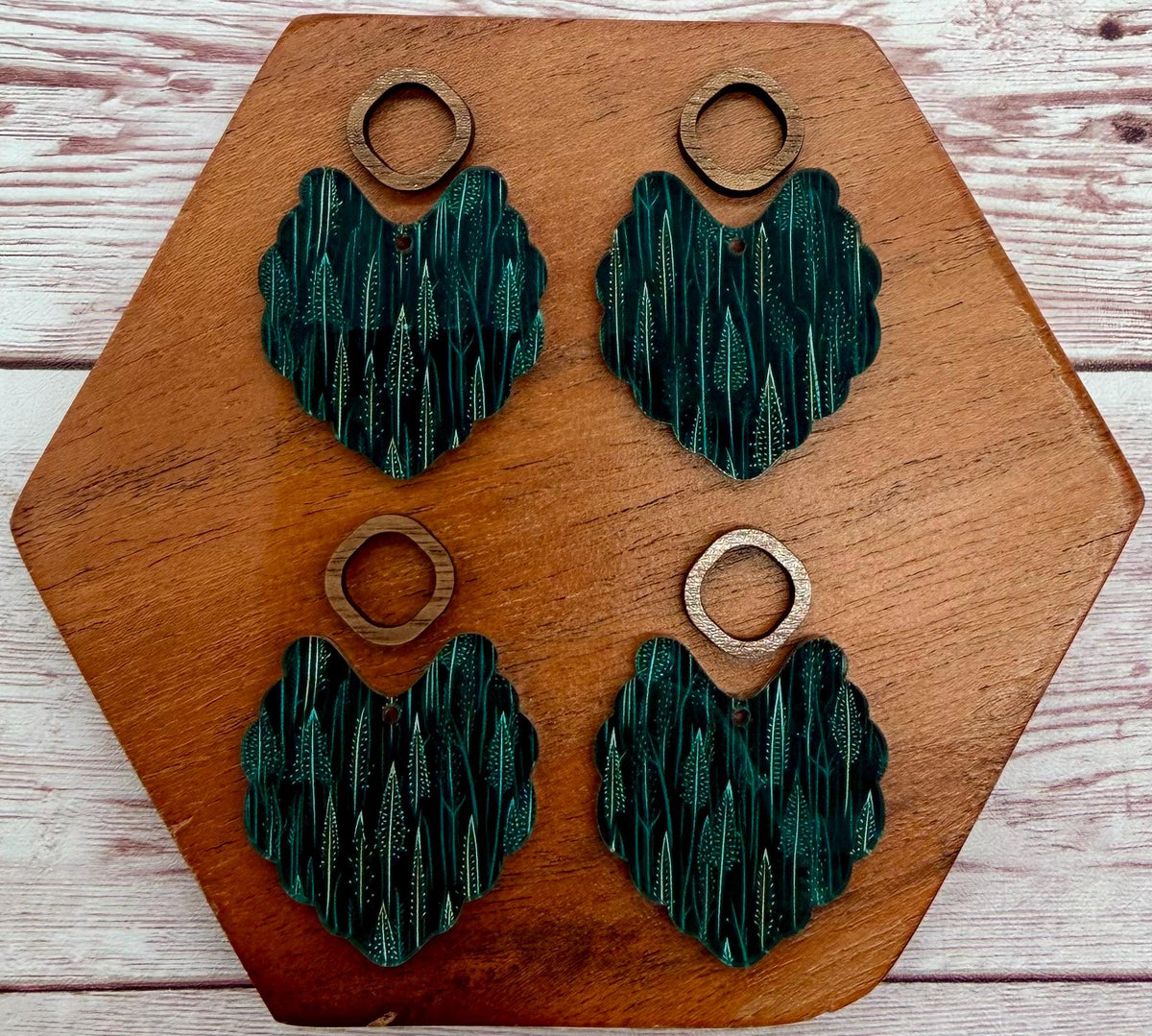 Winter Tree Print Scalloped Acrylic and Wood Connector Set Earring Blanks, DIY Jewelry Making