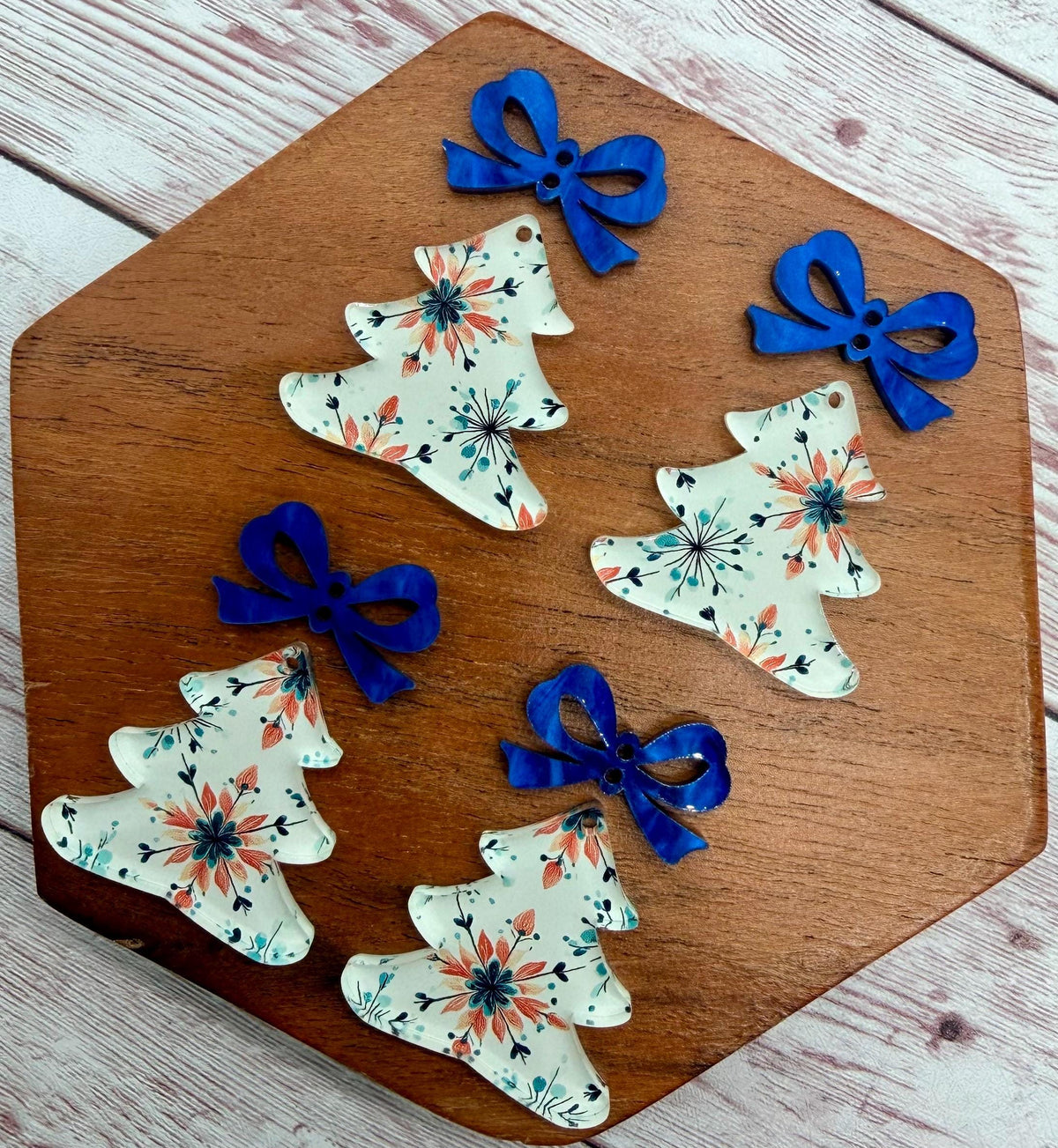 Retro Snowflake Christmas Tree and Blue Marble Bow Connector Set Acrylic Earring Blanks, DIY Jewelry Making