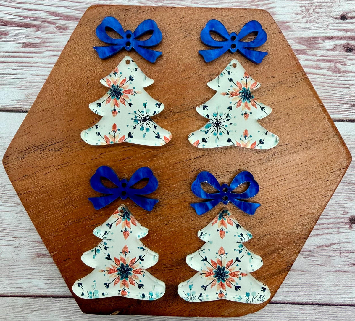 Retro Snowflake Christmas Tree and Blue Marble Bow Connector Set Acrylic Earring Blanks, DIY Jewelry Making