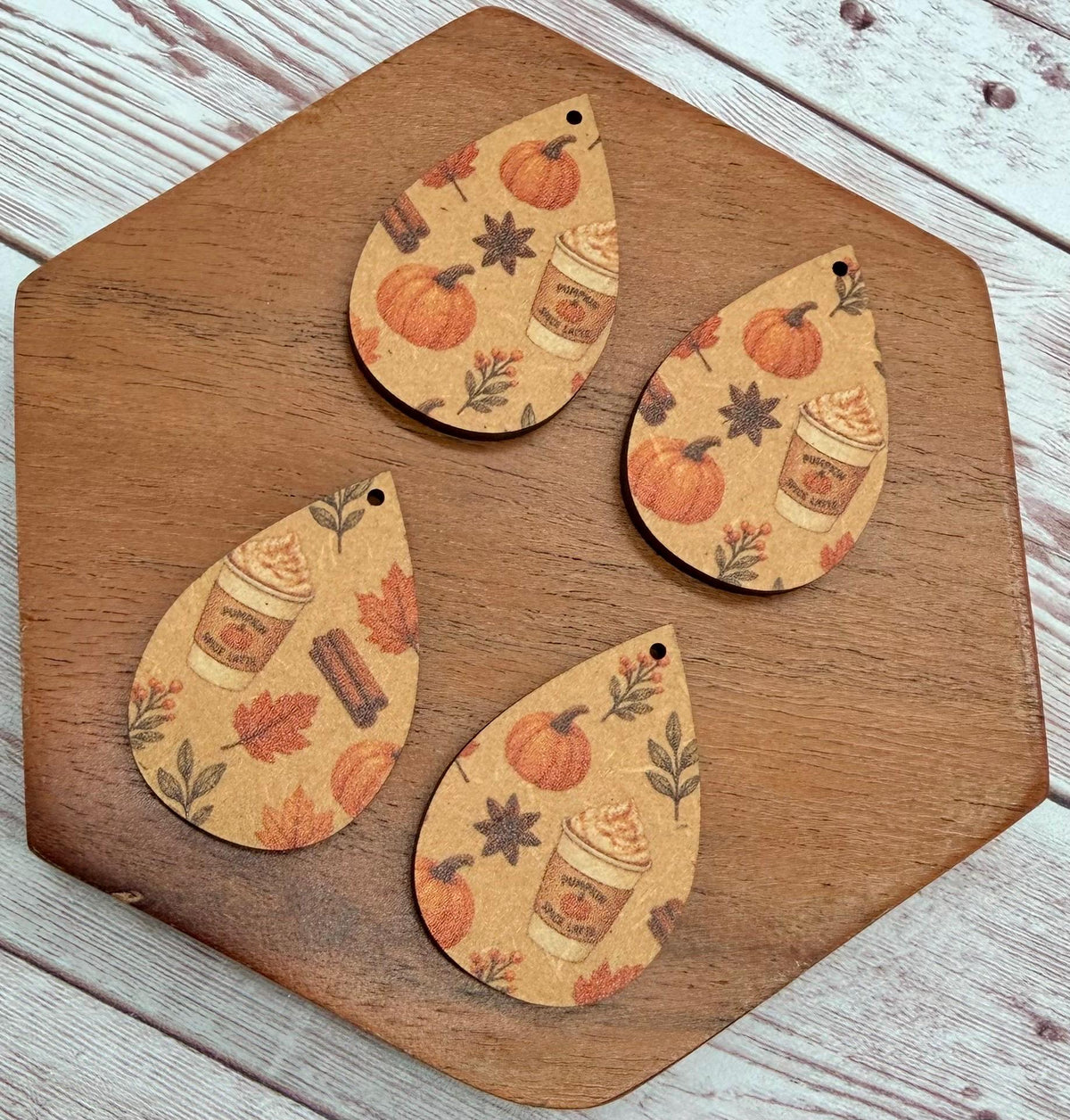 Fall Pumpkin Spice Print Wood Teardrop Earring Blanks, DIY Jewelry Making
