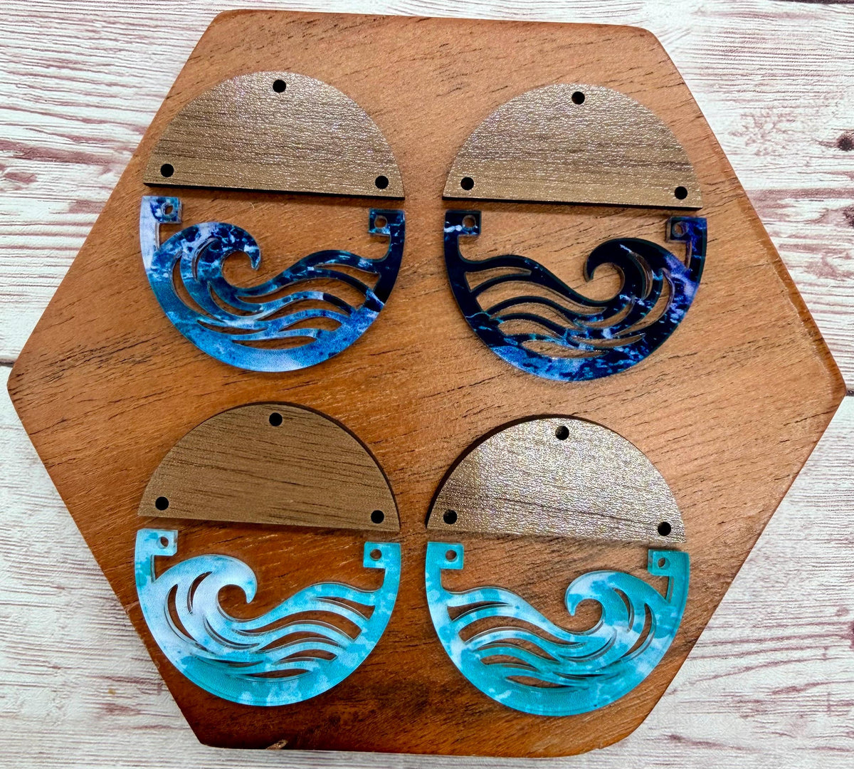 Patterned Wave Ocean Acrylic and Wood Round Earring Blanks, DIY Jewelry Making