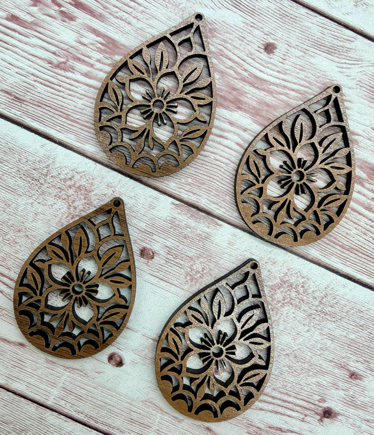 Intricate Flower Teardrop Finished Walnut Wood Earring Blanks, DIY Jewelry Making