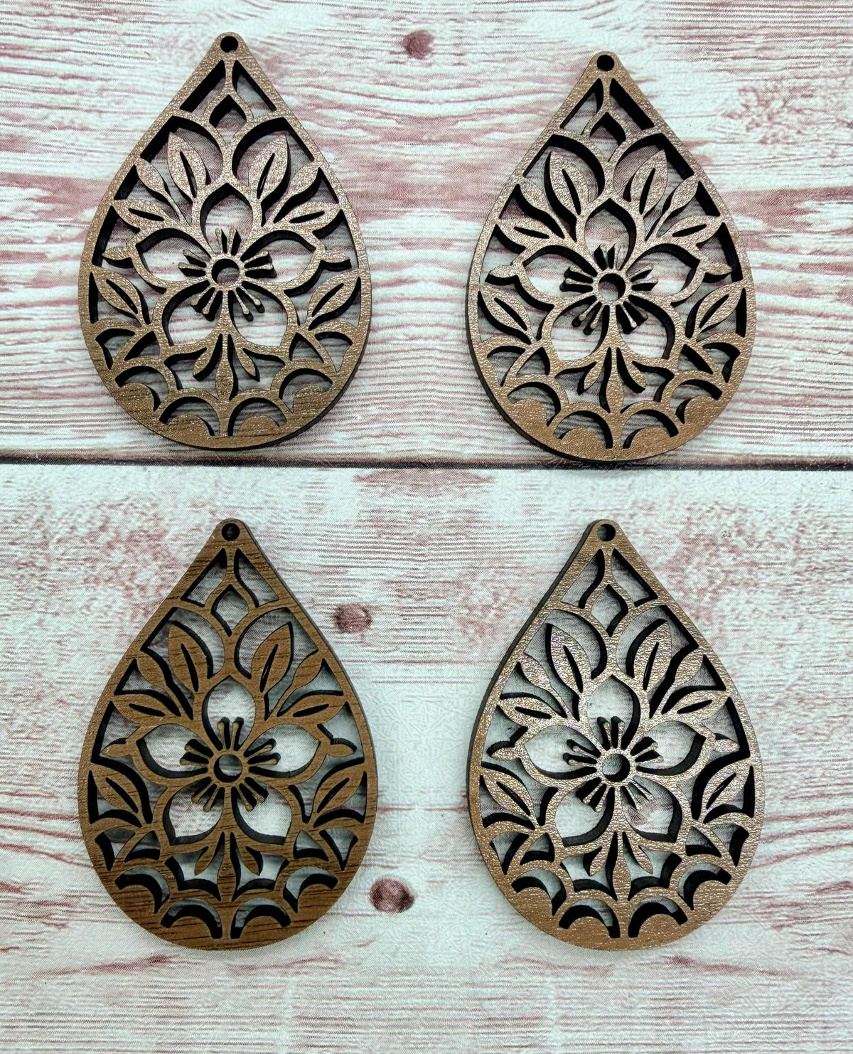 Intricate Flower Teardrop Finished Walnut Wood Earring Blanks, DIY Jewelry Making