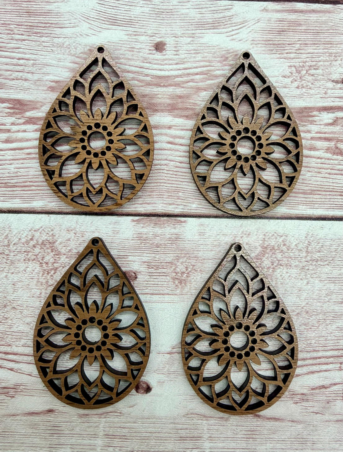 Intricate Large Flower Teardrop Finished Walnut Wood Earring Blanks, DIY Jewelry Making