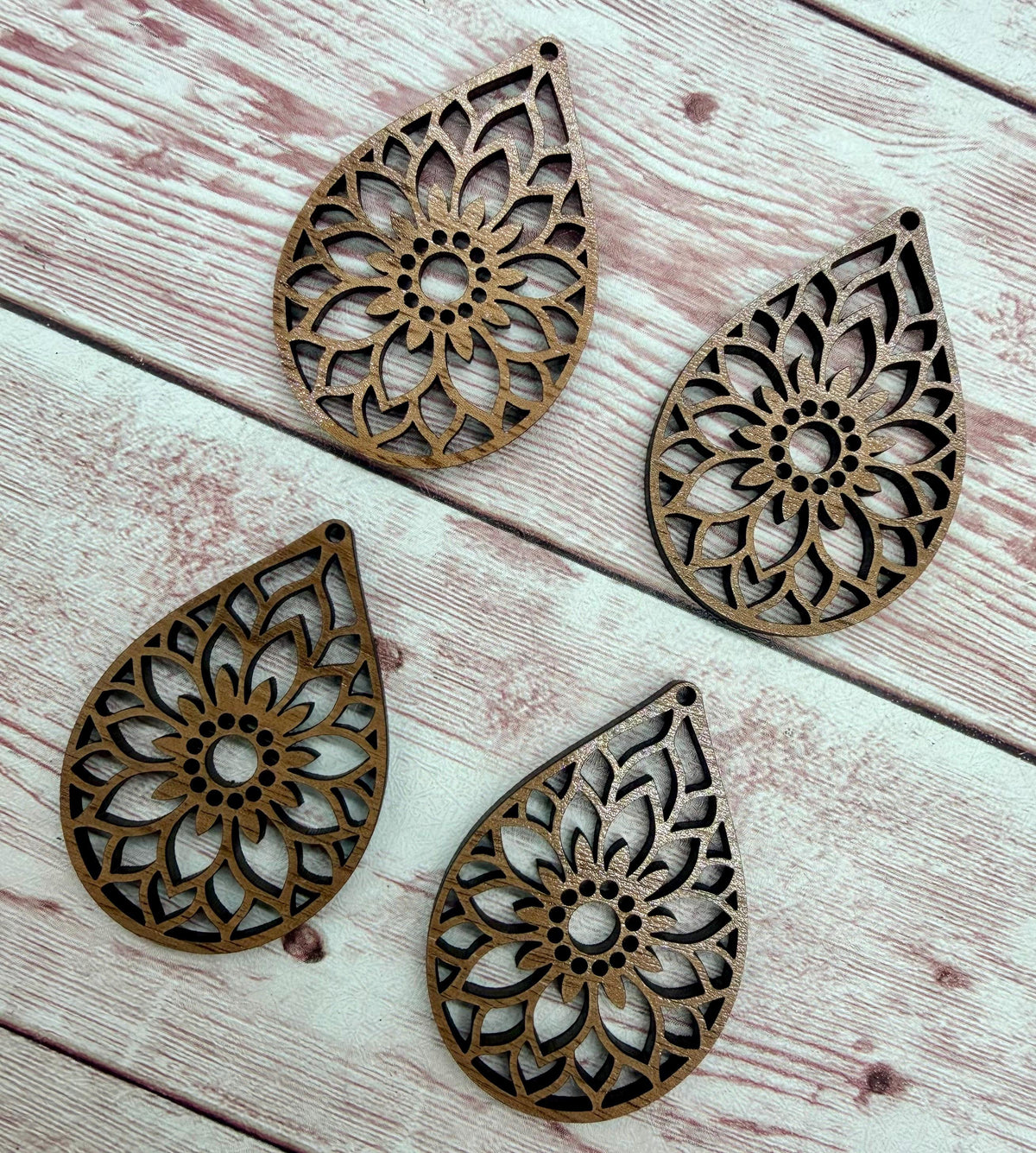 Intricate Large Flower Teardrop Finished Walnut Wood Earring Blanks, DIY Jewelry Making