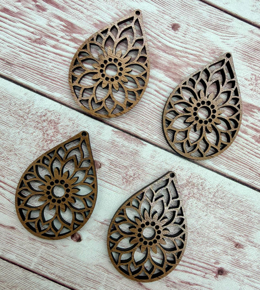 Intricate Large Flower Teardrop Finished Walnut Wood Earring Blanks, DIY Jewelry Making