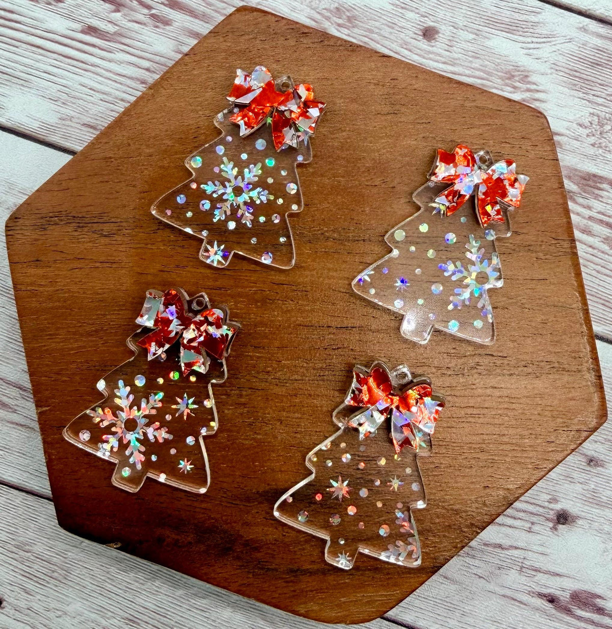 Clear Iridescent Snowflake Print Layered Bow Christmas Tree Acrylic Earring Blanks, Winter, DIY Jewelry Making