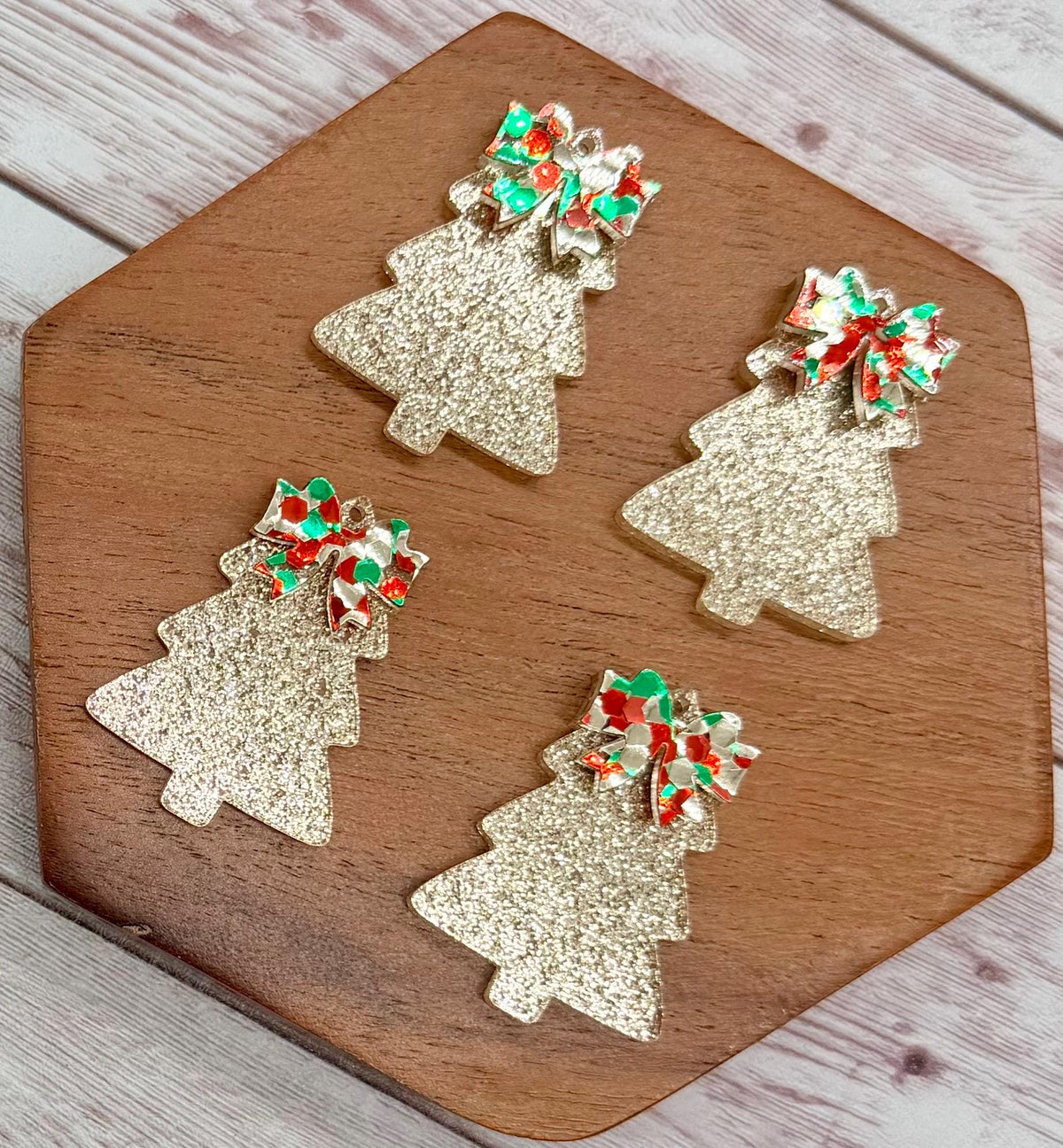 Micro Gold Glitter Layered Bow Christmas Tree Acrylic Earring Blanks, Winter, DIY Jewelry Making