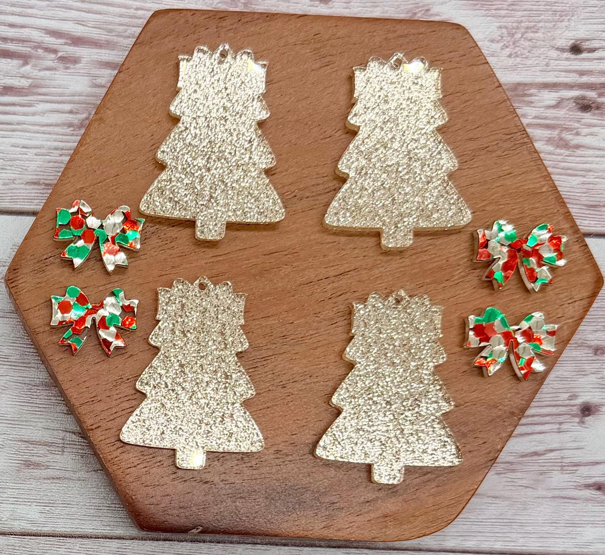 Micro Gold Glitter Layered Bow Christmas Tree Acrylic Earring Blanks, Winter, DIY Jewelry Making