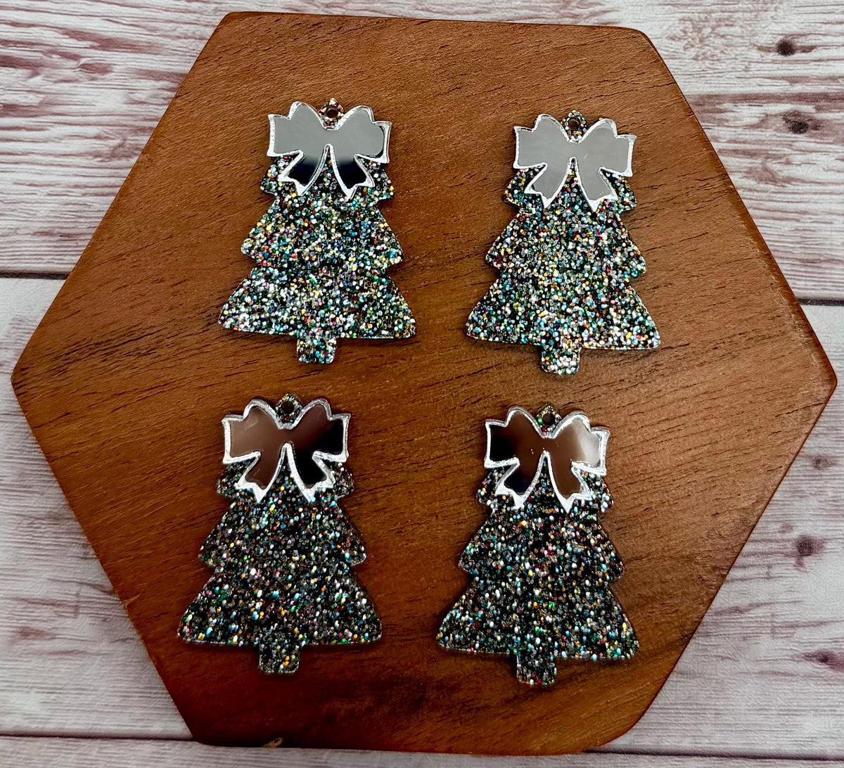 Multicolor Glitter Layered Bow Christmas Tree Acrylic Earring Blanks, Winter, DIY Jewelry Making