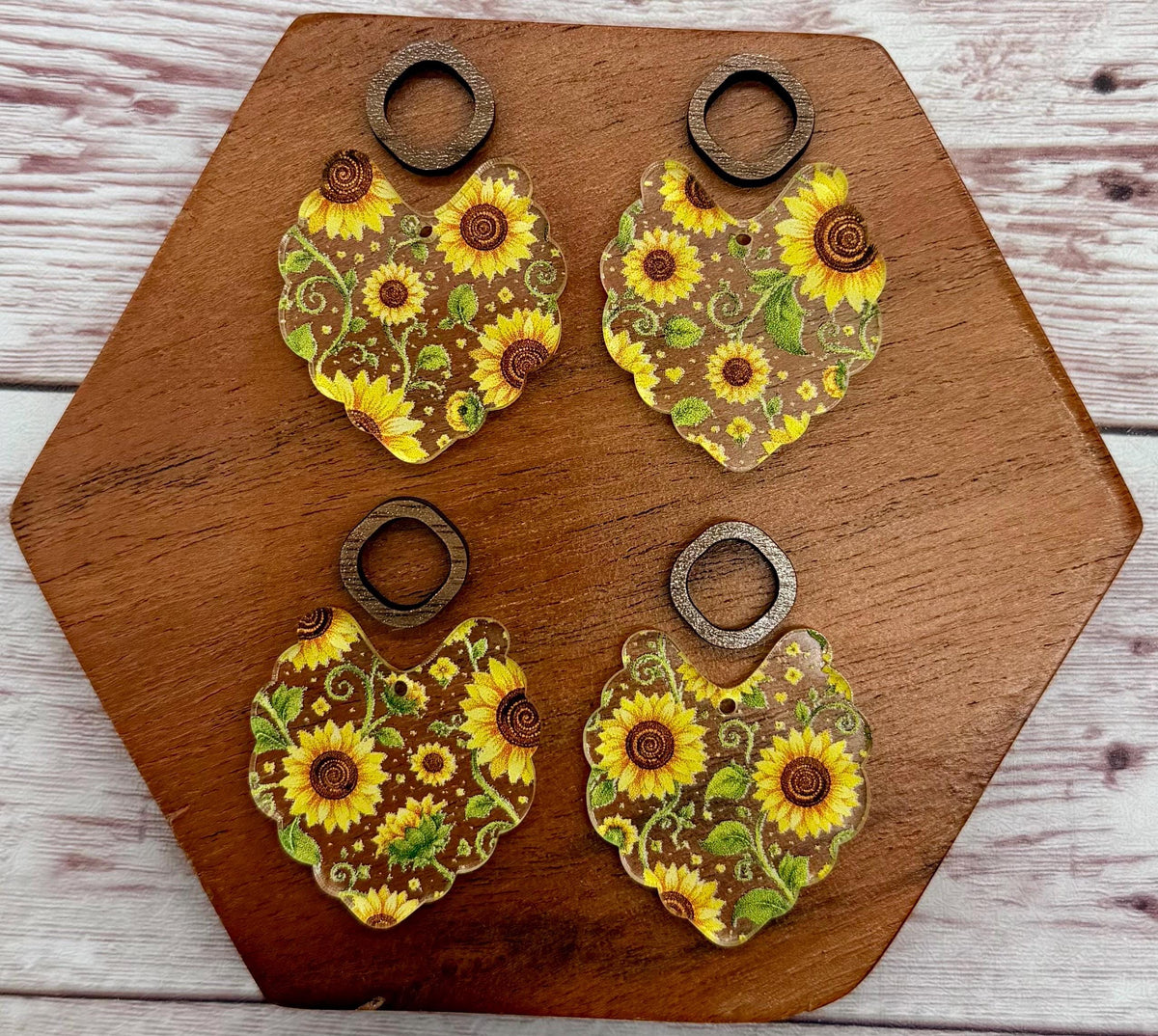 Sunflower Print Scalloped Acrylic and Wood Connector Set Earring Blanks, DIY Jewelry Making