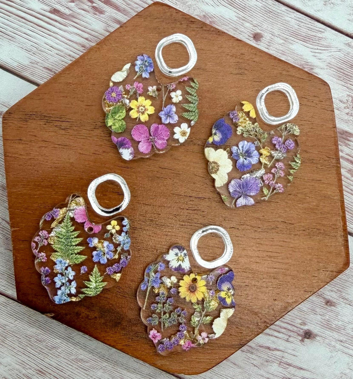 Wildflower Print on Glitter Flake Scalloped Acrylic and Acrylic Connector Set Earring Blanks, DIY Jewelry Making
