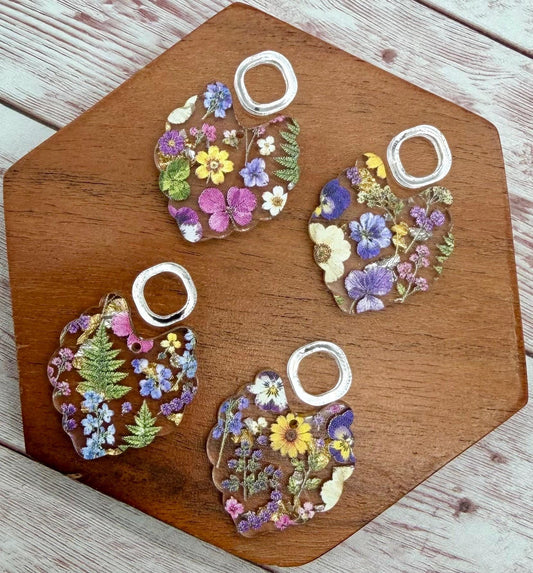 Wildflower Print on Glitter Flake Scalloped Acrylic and Acrylic Connector Set Earring Blanks, DIY Jewelry Making
