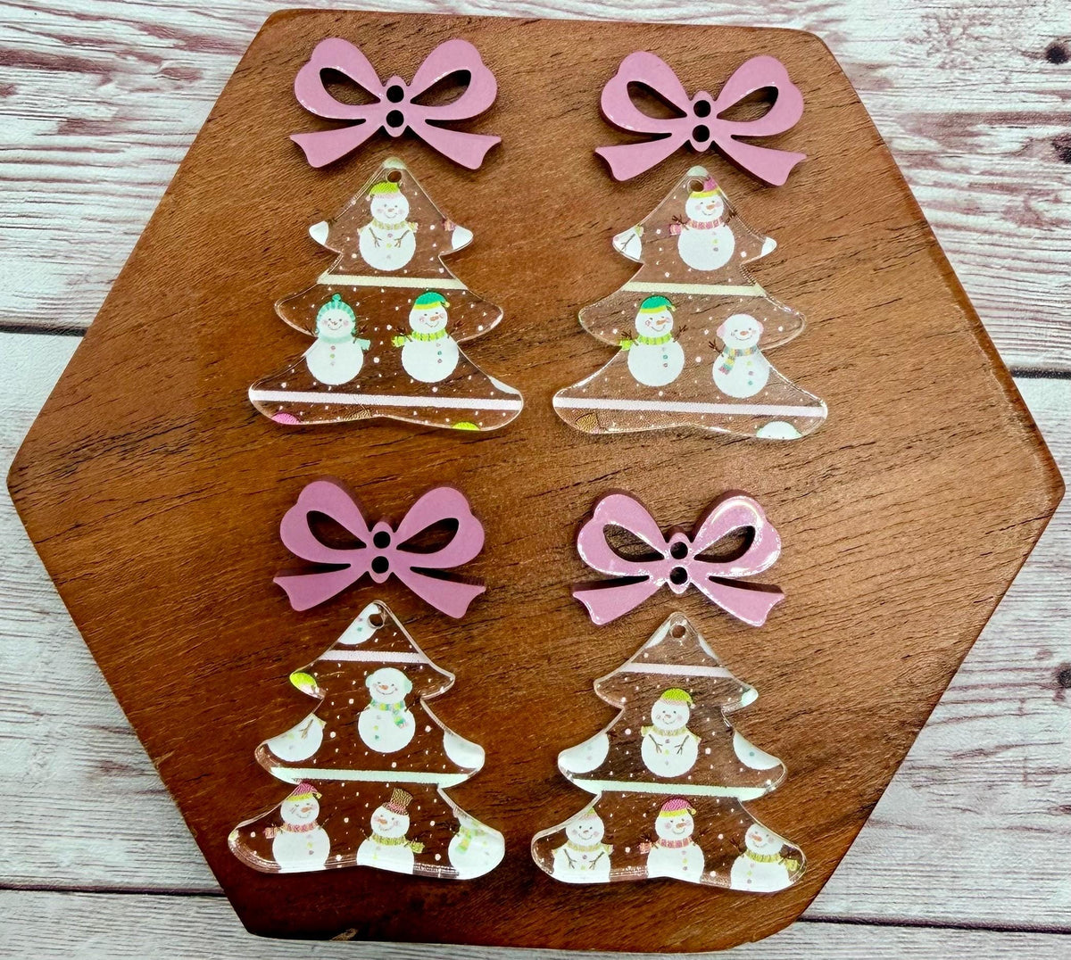 Winter Snowman Christmas Tree and Pink Metallic Bow Connector Set Acrylic Earring Blanks, DIY Jewelry Making