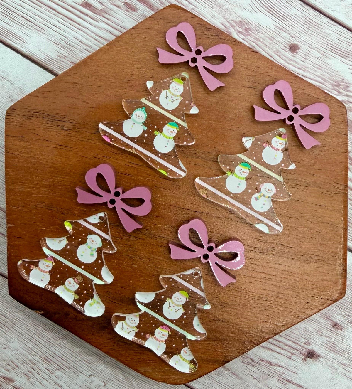 Winter Snowman Christmas Tree and Pink Metallic Bow Connector Set Acrylic Earring Blanks, DIY Jewelry Making