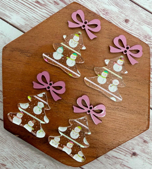 Winter Snowman Christmas Tree and Pink Metallic Bow Connector Set Acrylic Earring Blanks, DIY Jewelry Making