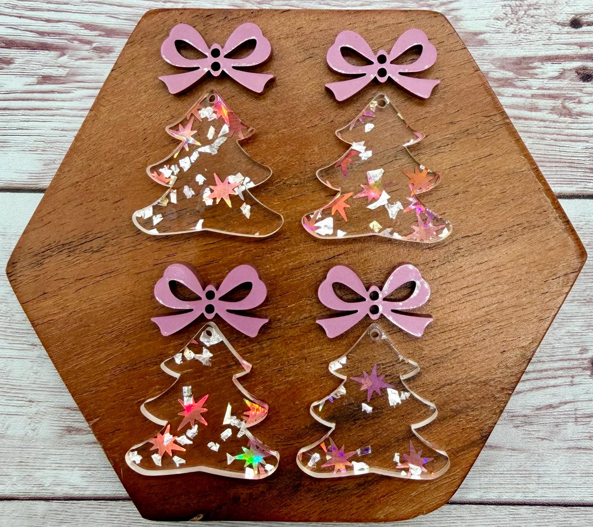 Glitter Flake Christmas Tree and Pink Metallic Bow Connector Set Acrylic Earring Blanks, DIY Jewelry Making