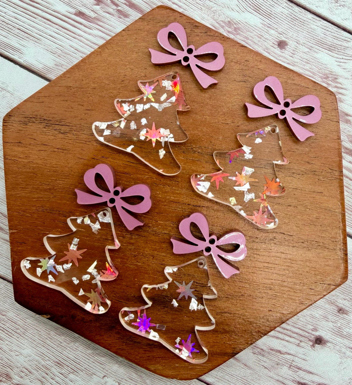 Glitter Flake Christmas Tree and Pink Metallic Bow Connector Set Acrylic Earring Blanks, DIY Jewelry Making