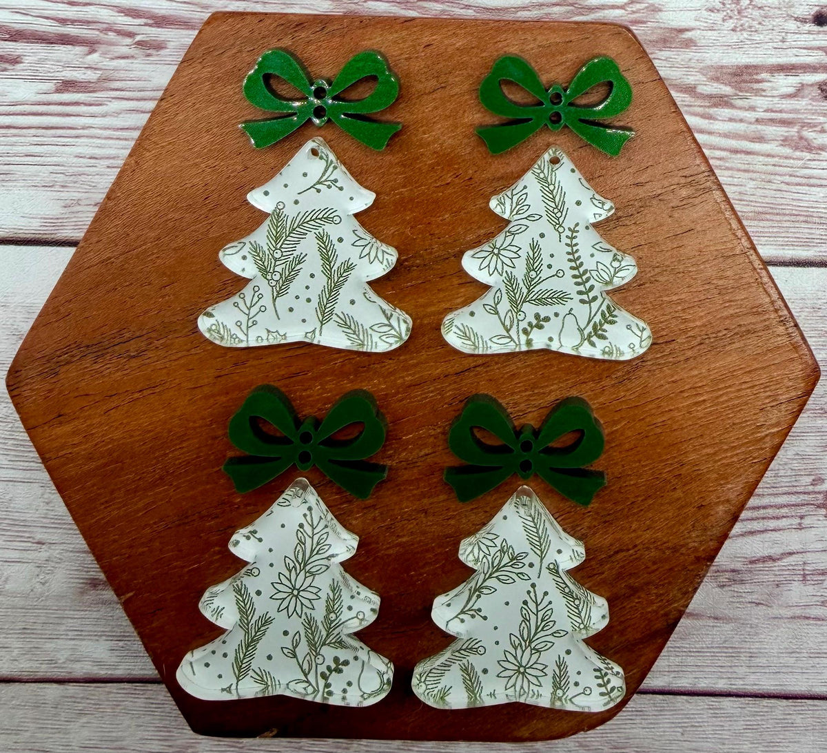 Winter Branches Christmas Tree and Green Metallic Bow Connector Set Acrylic Earring Blanks, DIY Jewelry Making