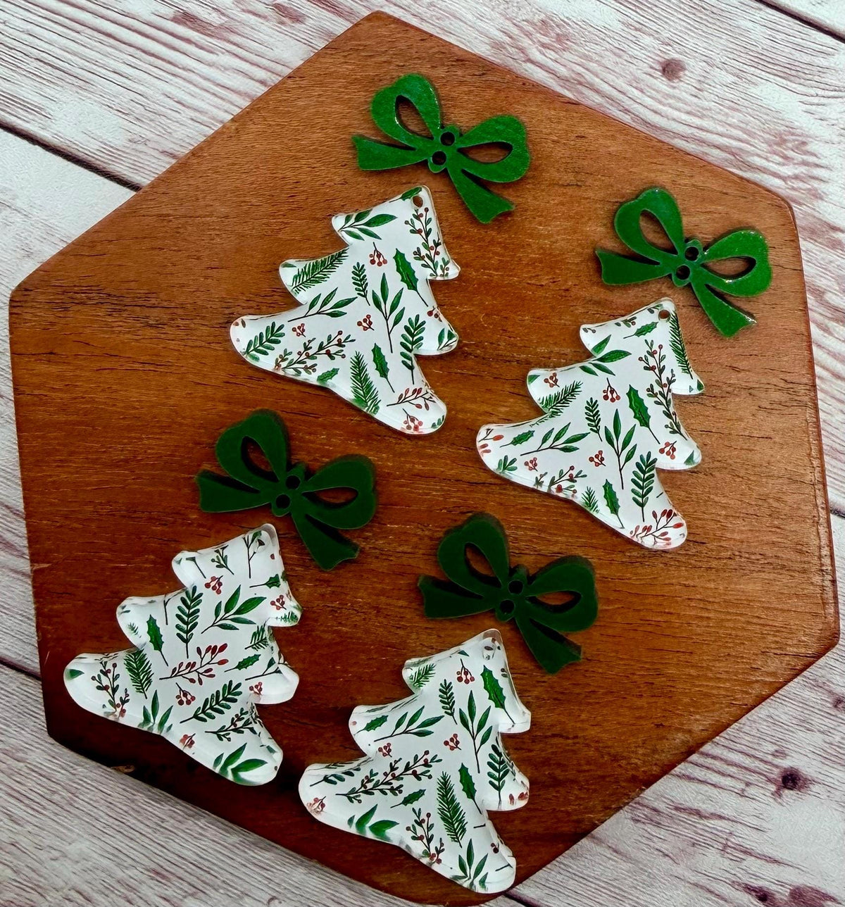 Branches and Berries Christmas Tree and Green Metallic Bow Connector Set Acrylic Earring Blanks, DIY Jewelry Making