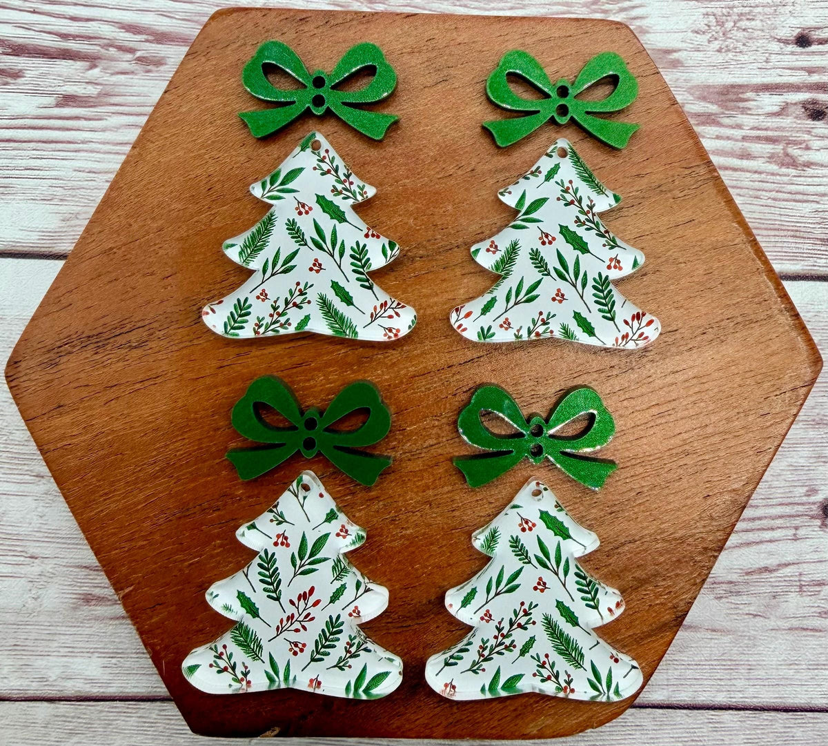Branches and Berries Christmas Tree and Green Metallic Bow Connector Set Acrylic Earring Blanks, DIY Jewelry Making