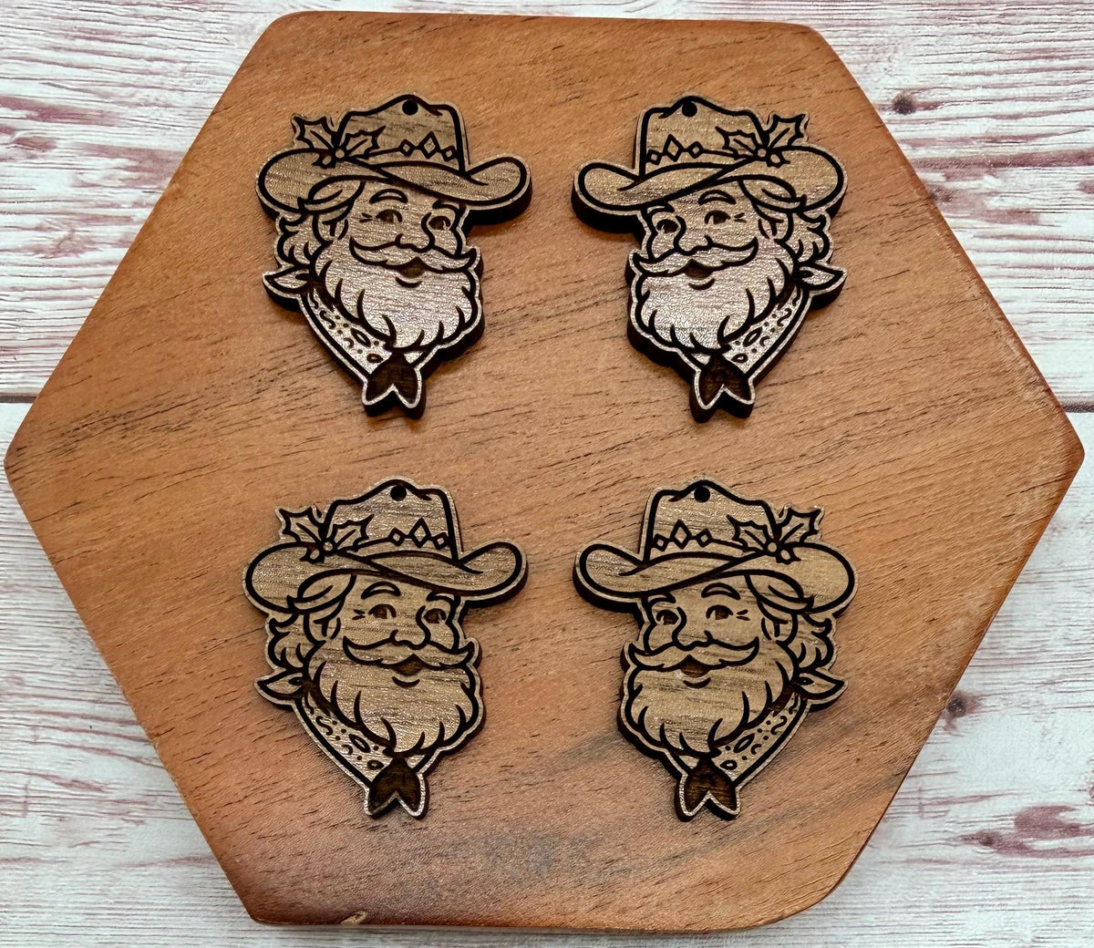 Cowboy Santa Cutout Walnut Winter Christmas Earring Blanks, Finished Walnut Blank, DIY Jewelry Making