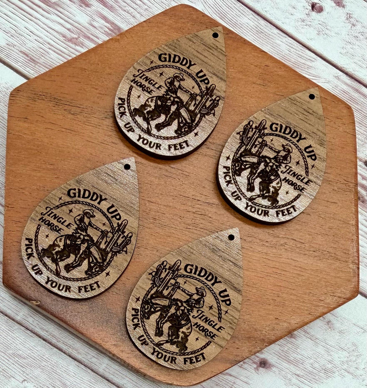 Cowboy Jingle Horse Engraved Walnut Winter Christmas Earring Blanks, Finished Walnut Blank, DIY Jewelry Making