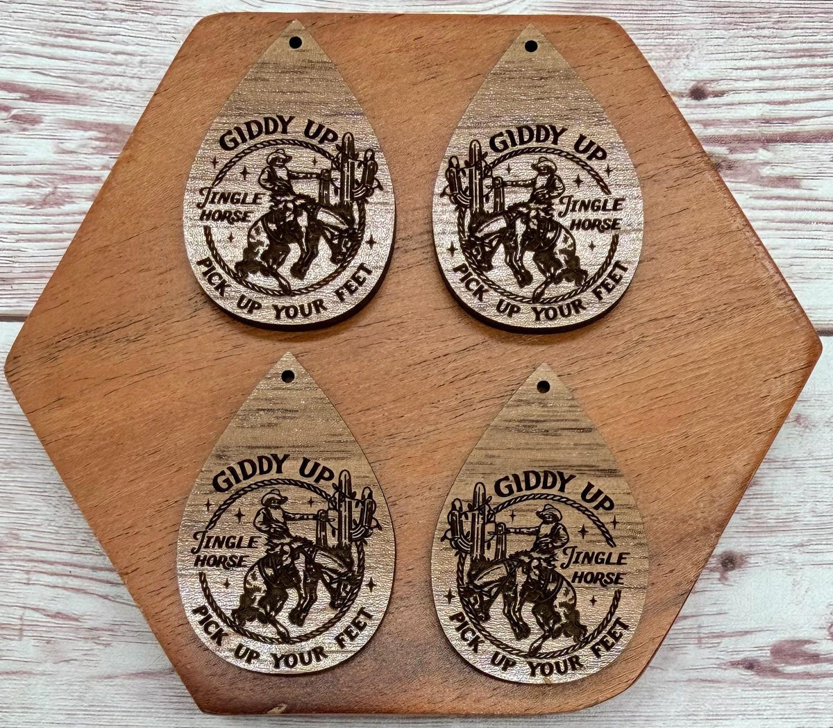 Cowboy Jingle Horse Engraved Walnut Winter Christmas Earring Blanks, Finished Walnut Blank, DIY Jewelry Making