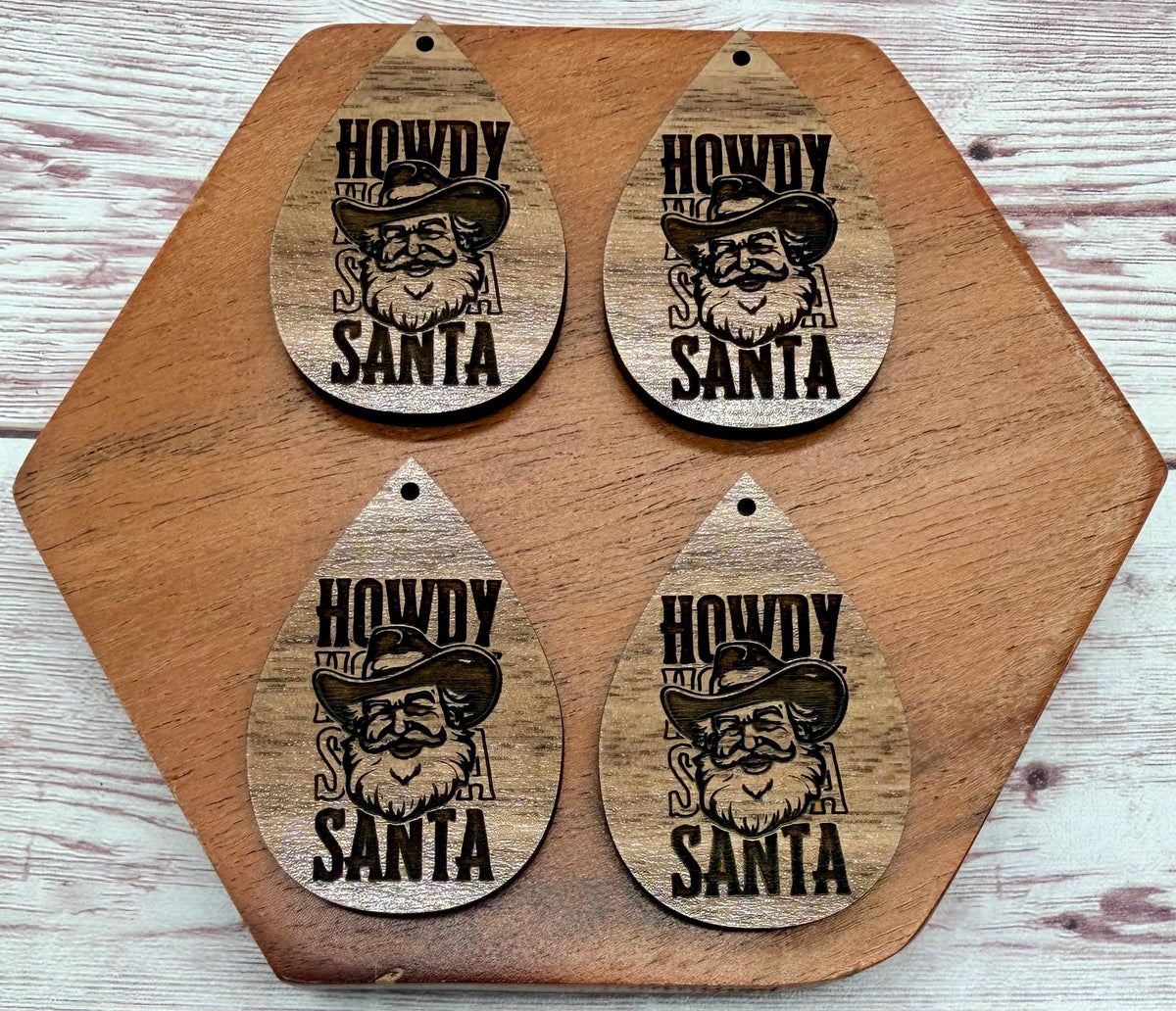 Howdy Santa Cowboy Engraved Walnut Winter Christmas Earring Blanks, Finished Walnut Blank, DIY Jewelry Making