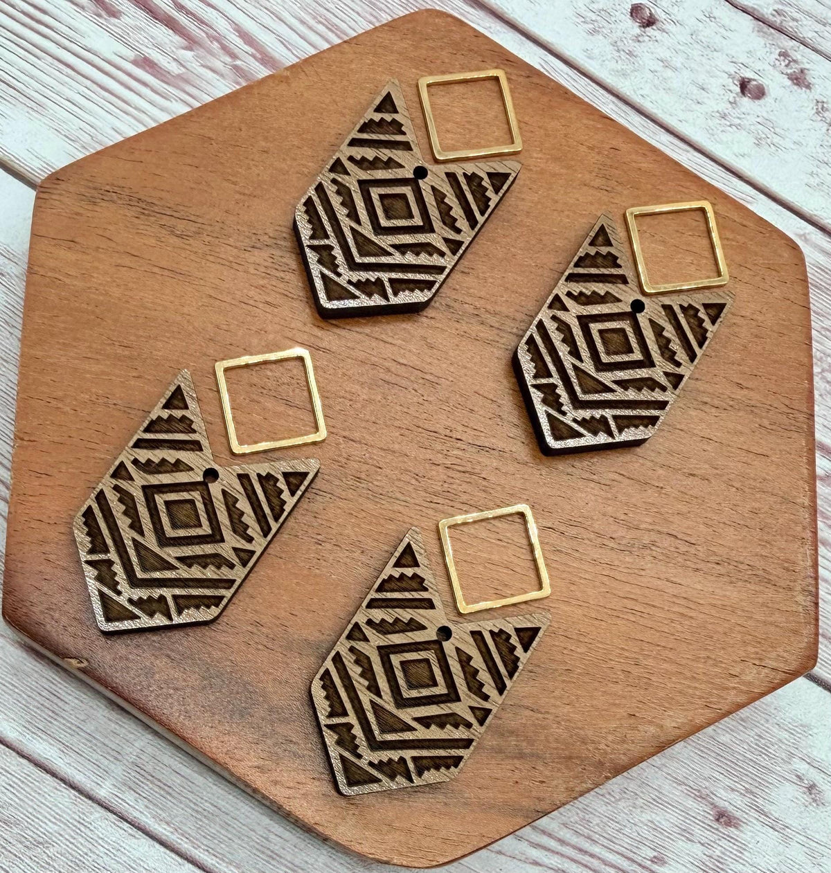 Engraved Aztec Tribal Pattern Wood and Gold Connector Set Earring Blanks, DIY Jewelry Making