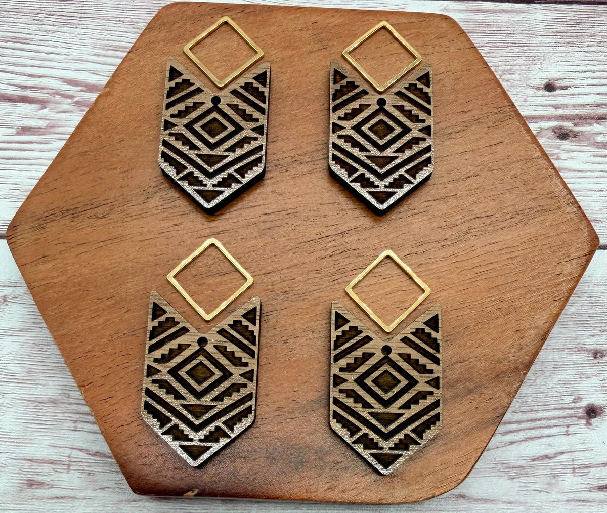 Engraved Aztec Tribal Pattern Wood and Gold Connector Set Earring Blanks, DIY Jewelry Making