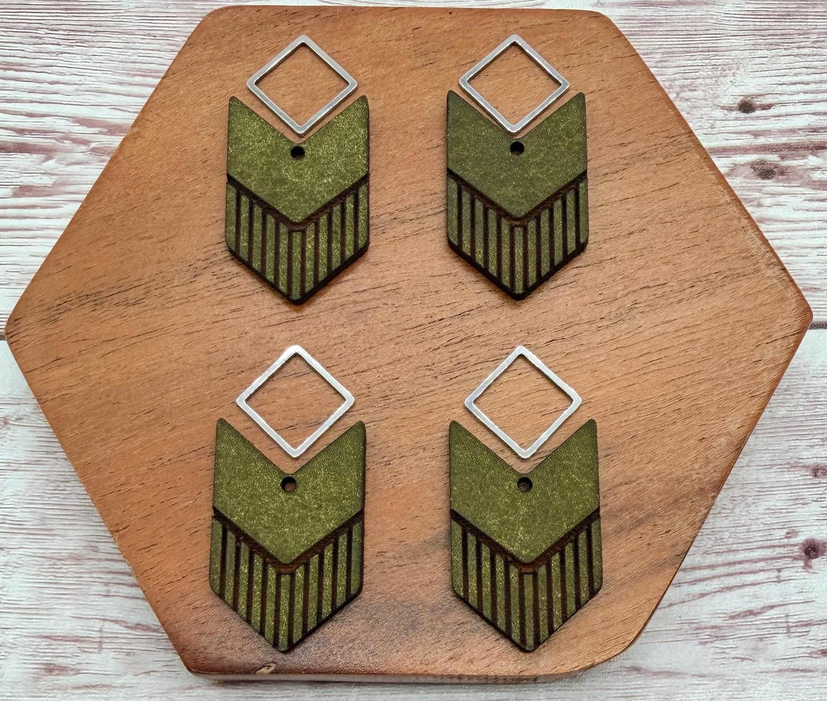 Engraved Arrow Green Vegetable Tanned Leather and Silver Connector Set Earring Blanks, DIY Jewelry Making
