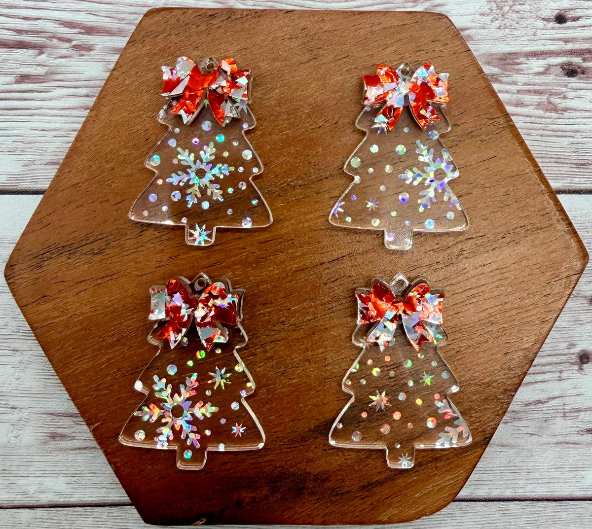 Clear Iridescent Snowflake Print Layered Bow Christmas Tree Acrylic Earring Blanks, Winter, DIY Jewelry Making