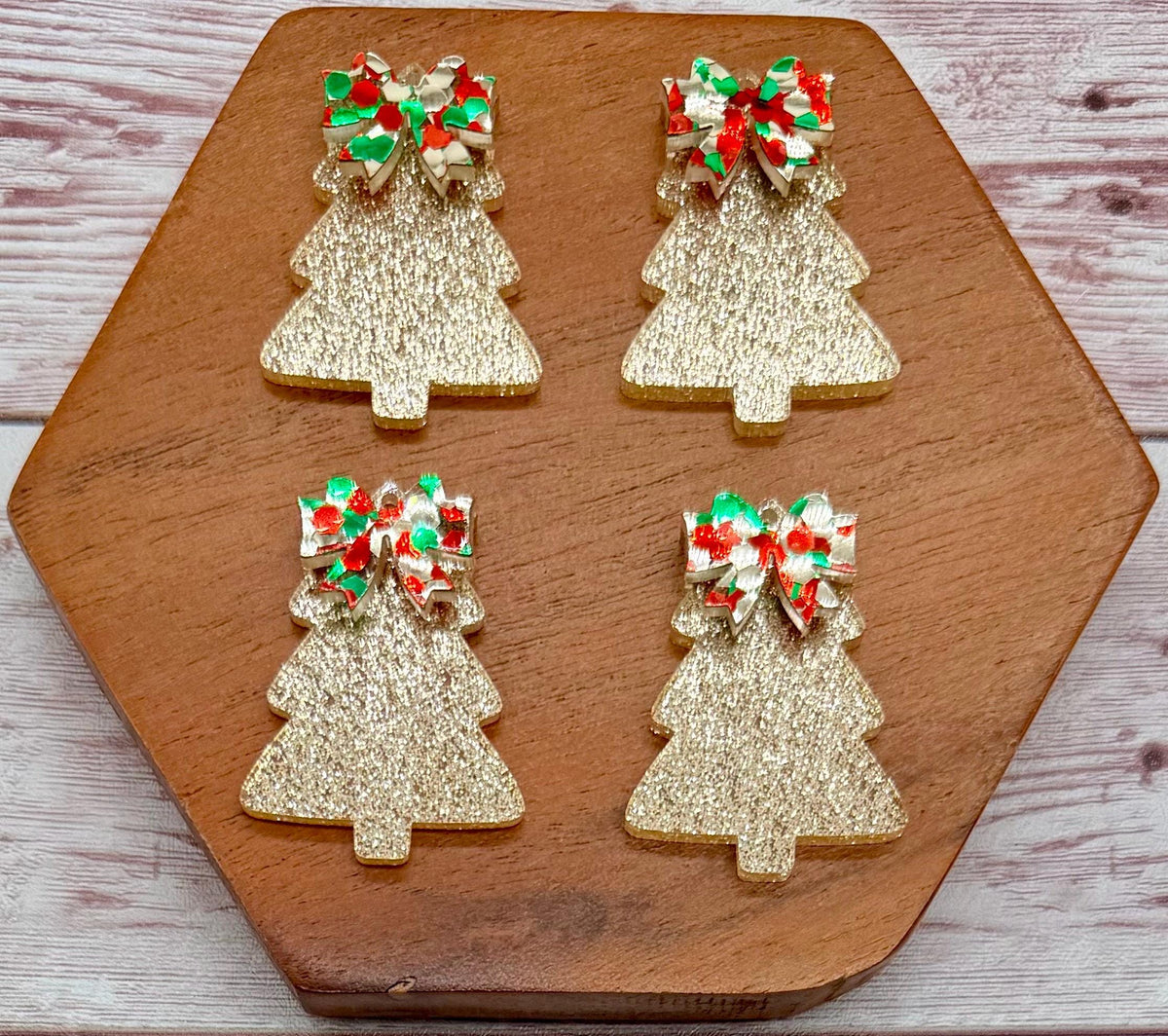 Micro Gold Glitter Layered Bow Christmas Tree Acrylic Earring Blanks, Winter, DIY Jewelry Making