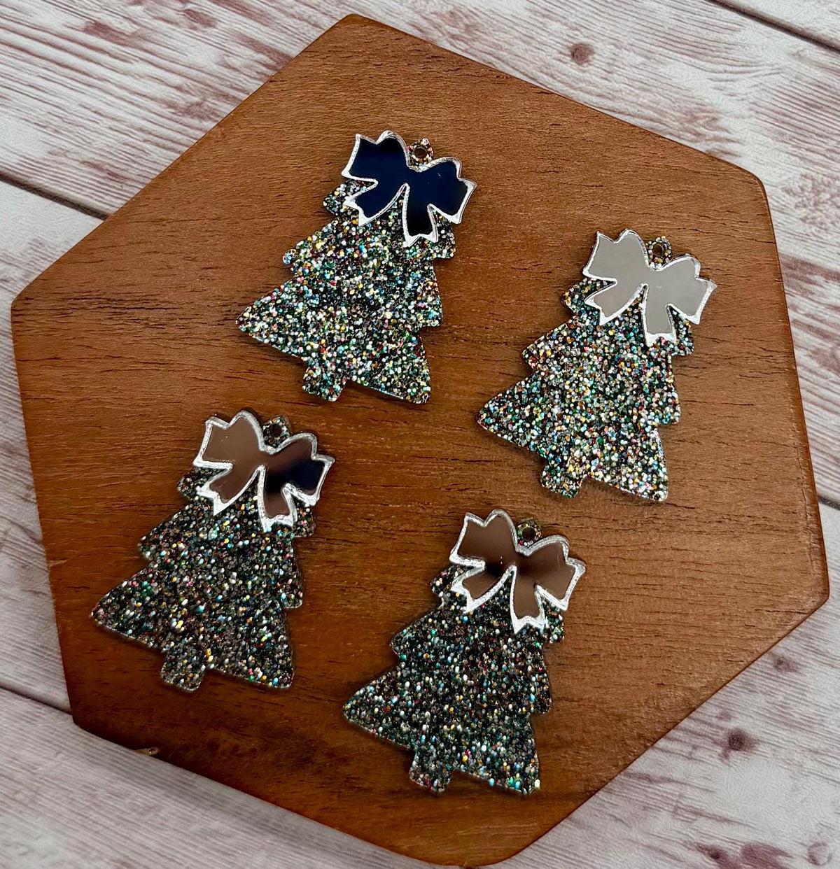 Multicolor Glitter Layered Bow Christmas Tree Acrylic Earring Blanks, Winter, DIY Jewelry Making
