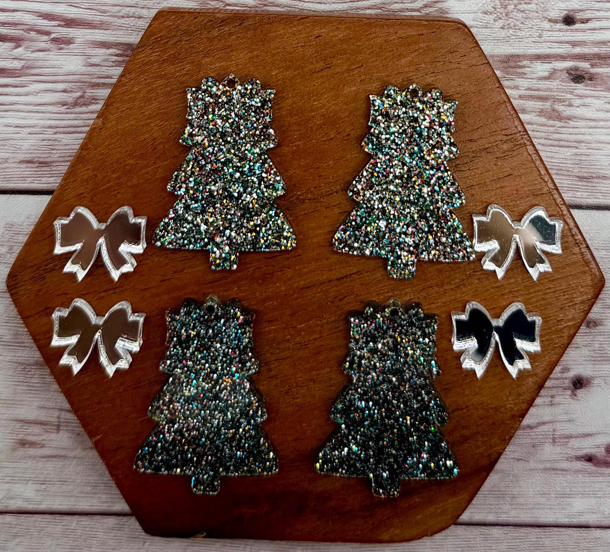Multicolor Glitter Layered Bow Christmas Tree Acrylic Earring Blanks, Winter, DIY Jewelry Making