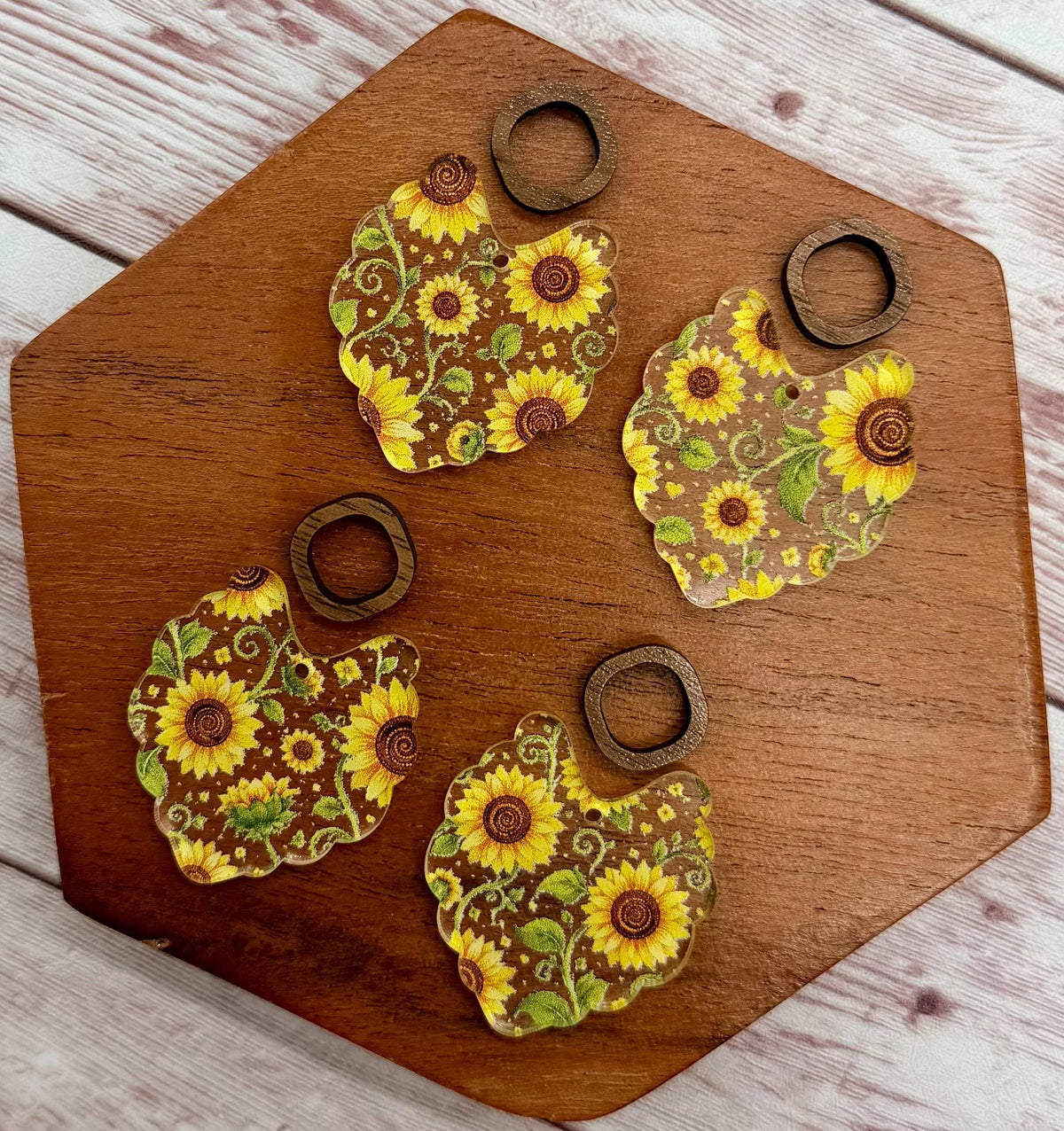 Sunflower Print Scalloped Acrylic and Wood Connector Set Earring Blanks, DIY Jewelry Making
