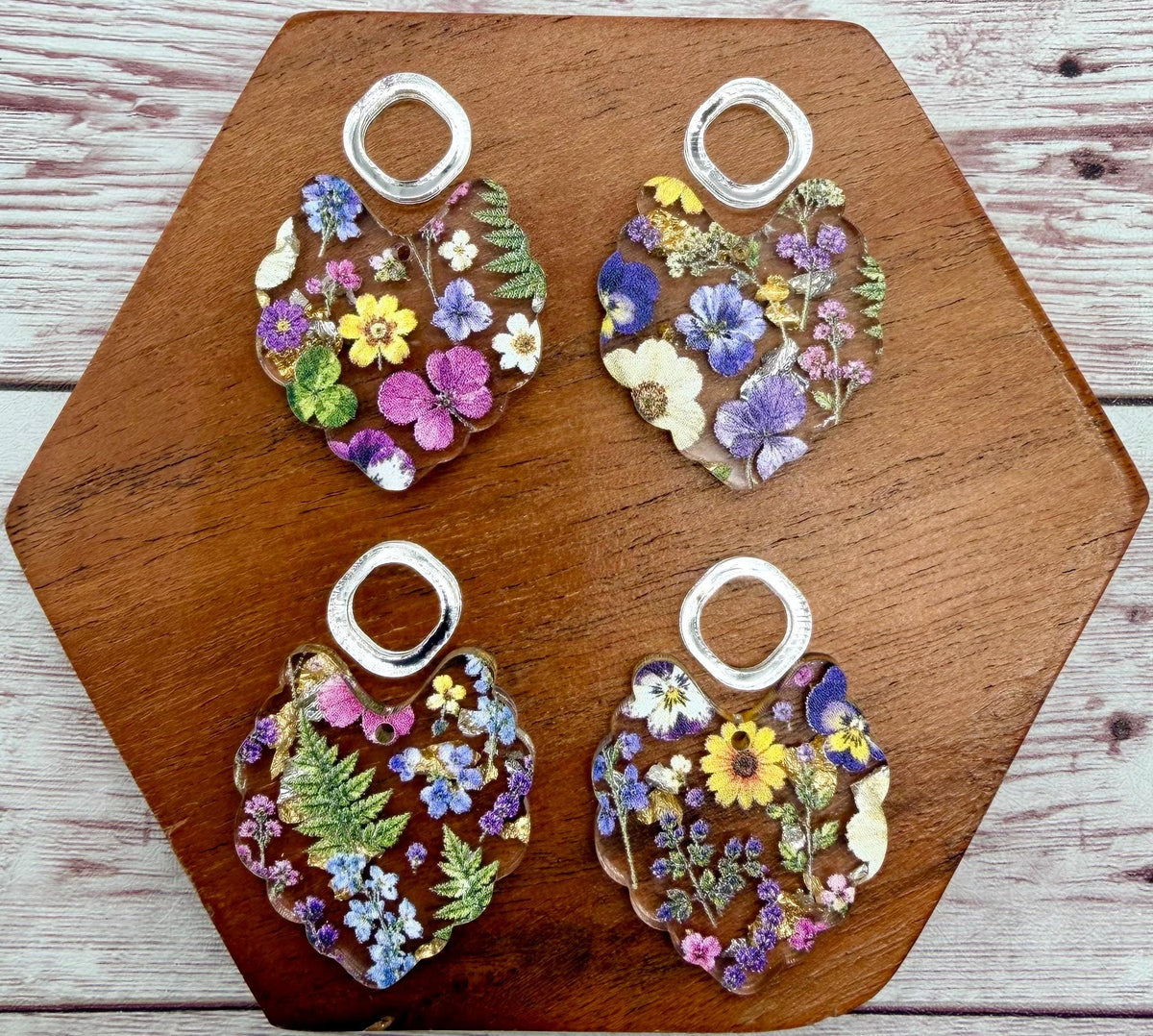 Wildflower Print on Glitter Flake Scalloped Acrylic and Acrylic Connector Set Earring Blanks, DIY Jewelry Making