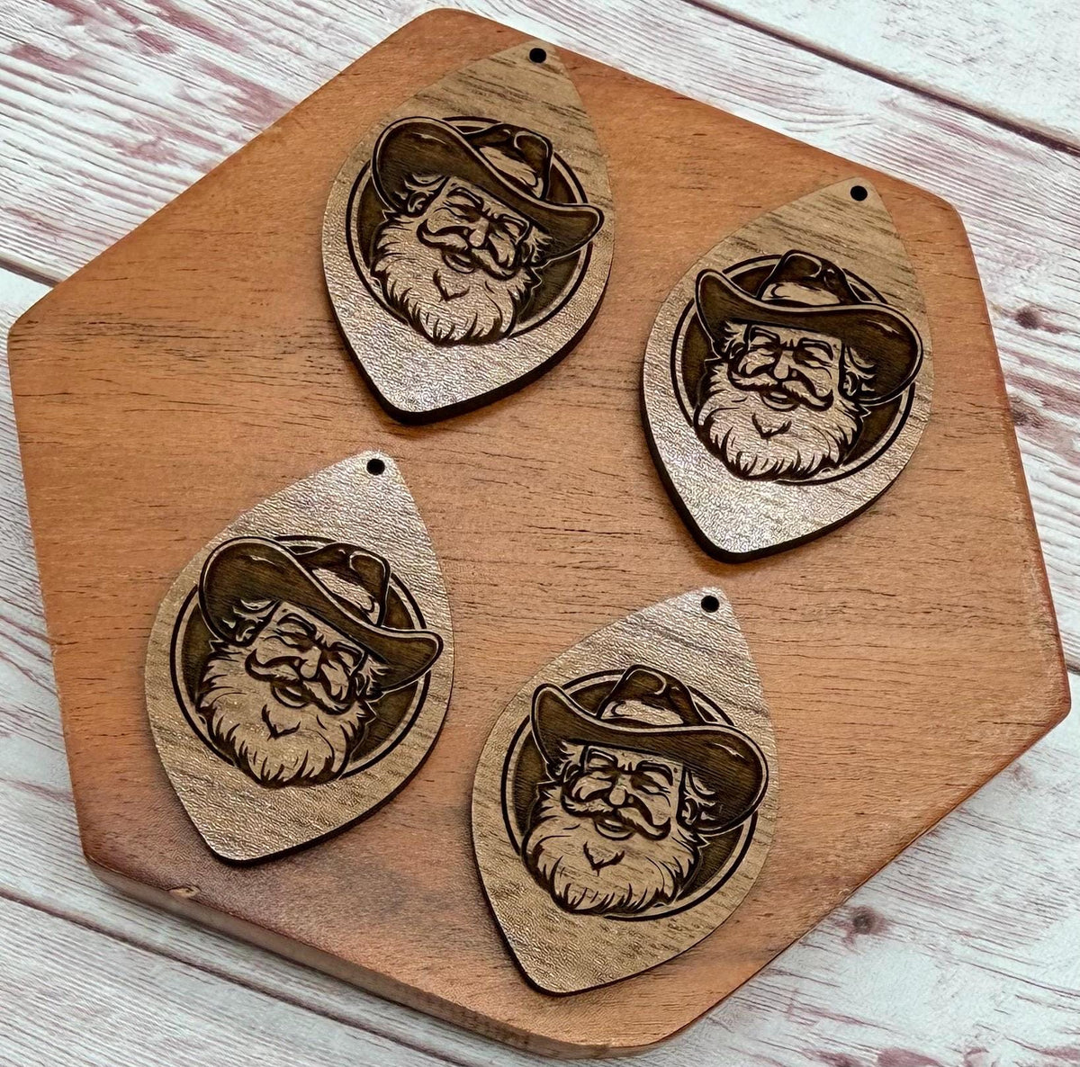 Cowboy Santa Engraved Walnut Winter Christmas Earring Blanks, Finished Walnut Blank, DIY Jewelry Making