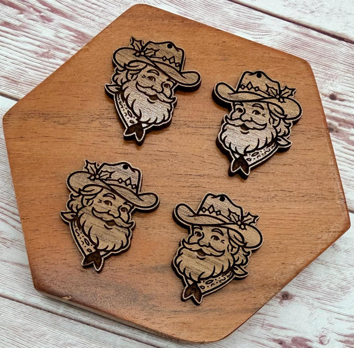Cowboy Santa Cutout Walnut Winter Christmas Earring Blanks, Finished Walnut Blank, DIY Jewelry Making