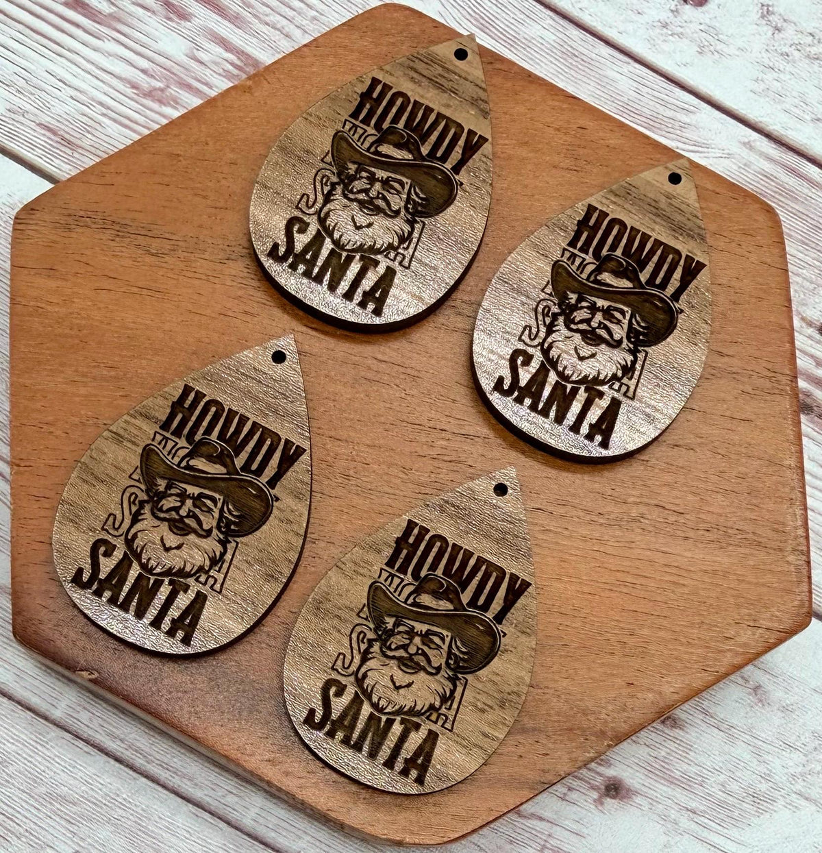 Howdy Santa Cowboy Engraved Walnut Winter Christmas Earring Blanks, Finished Walnut Blank, DIY Jewelry Making