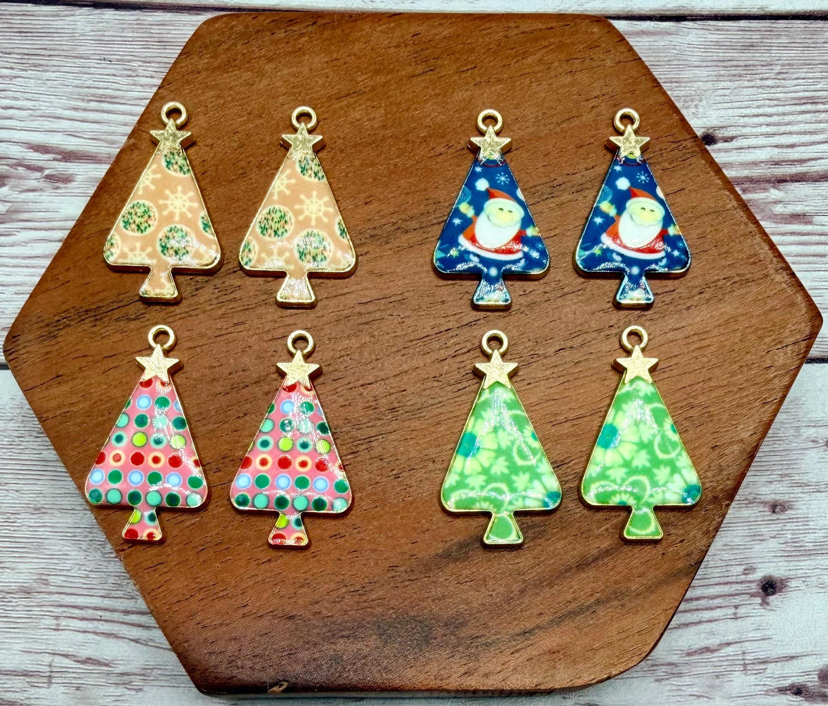 Set of 4 Pair Enamel Winter Christmas Tree Earring Charms, Earring Findings, DIY Jewelry Making